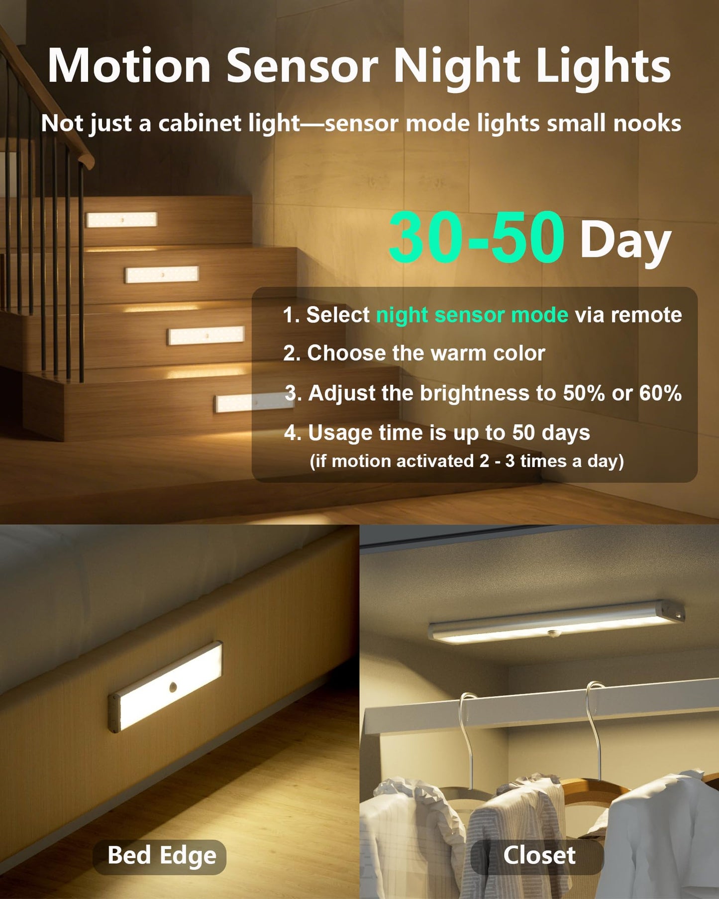 SZOKLED 58-LED Under Cabinet Lighting Wireless, RGB Motion Sensor Night Lights, 1100mAh Magnetic Under Cabinet Lights for Kitchen, Shelf, Stair, 15 Color (4 Pcs)