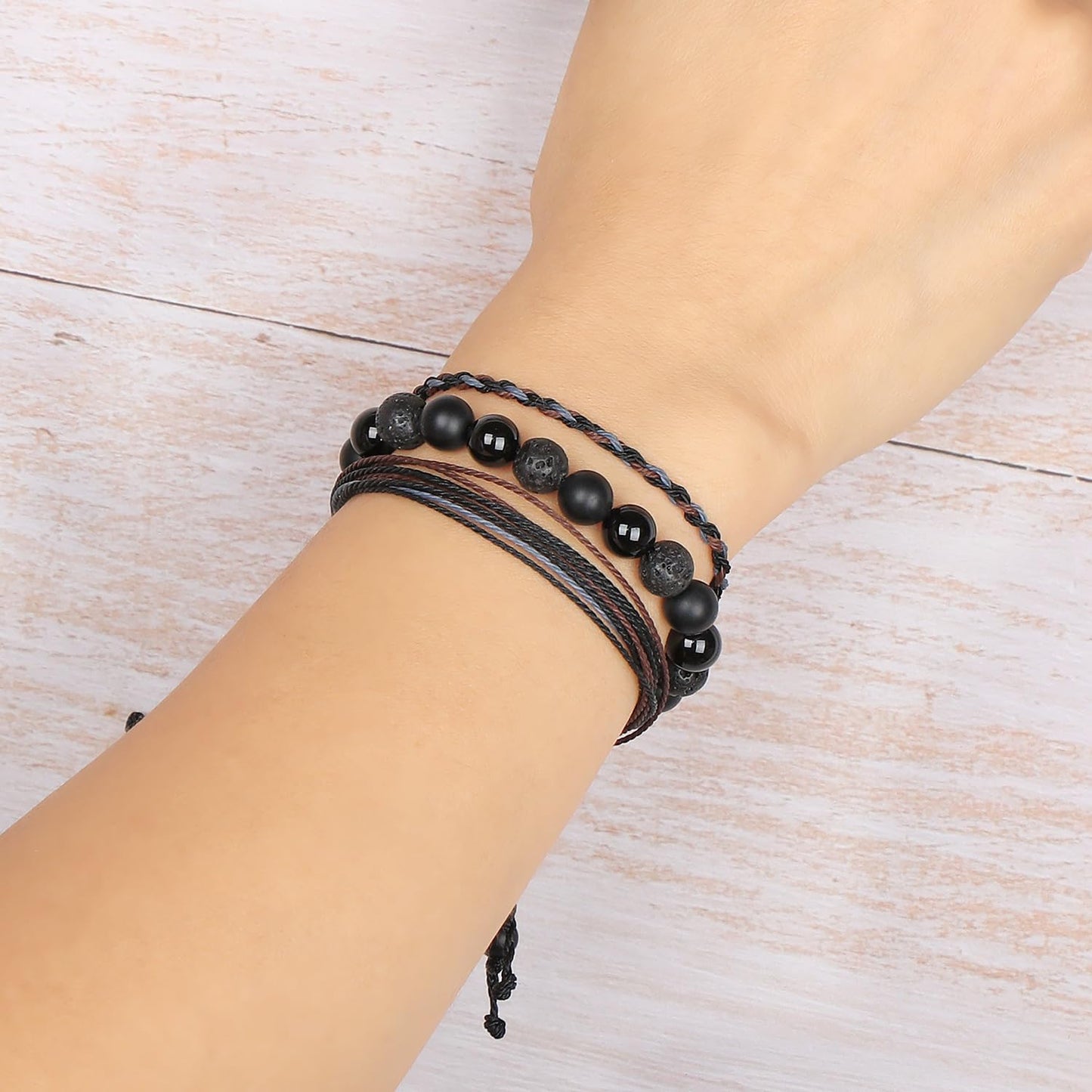QOGIR Handmade Healing Bracelets,8mm Natural Black Onyx Black Lava Beaded Bracelet,for Men Women Gifts with 2PCS Size Adjustable Rope Bracelets