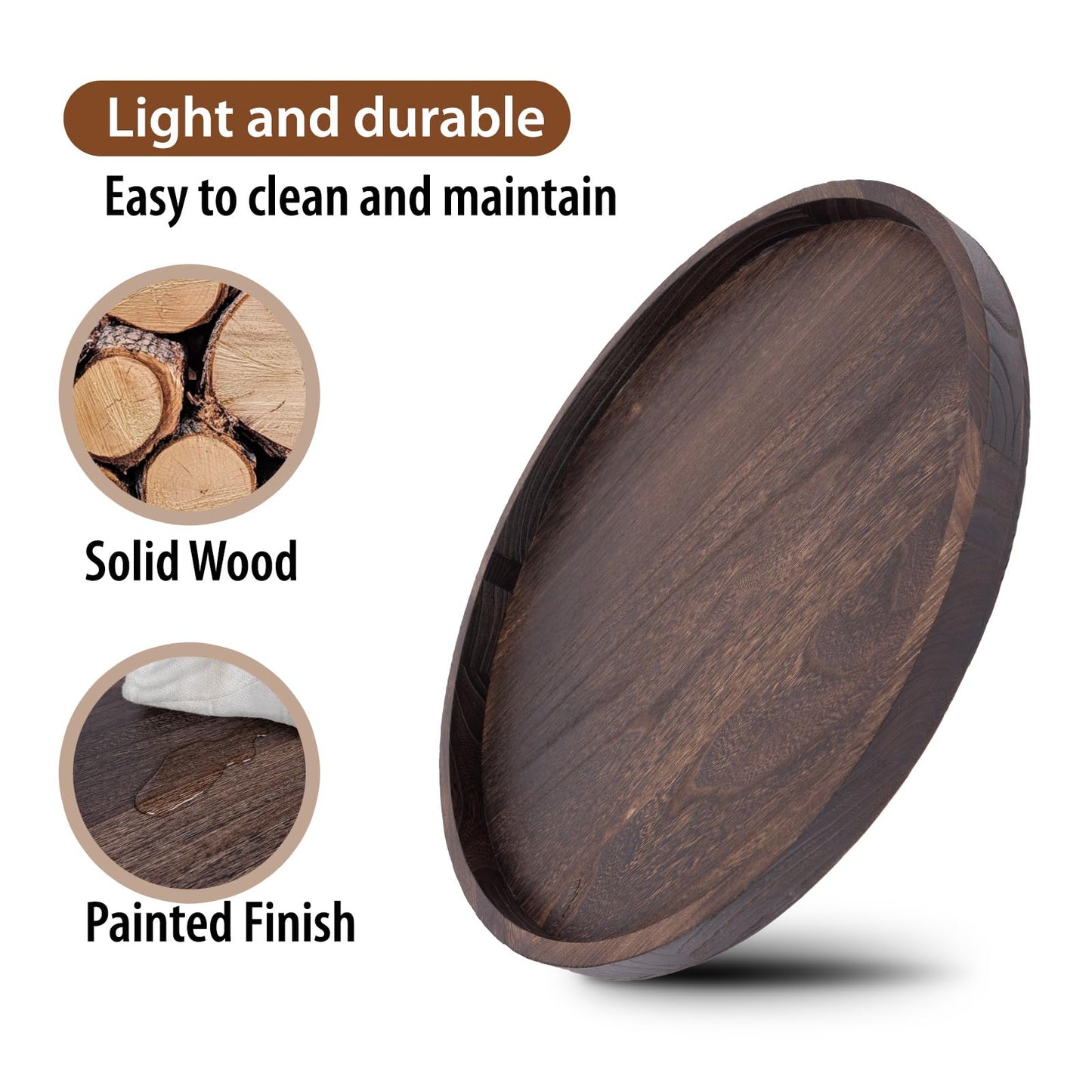 Round Ottoman Tray for Coffee Table Living Room Wood Serving Tray Large Wooden 24 Inches Rustic Brown