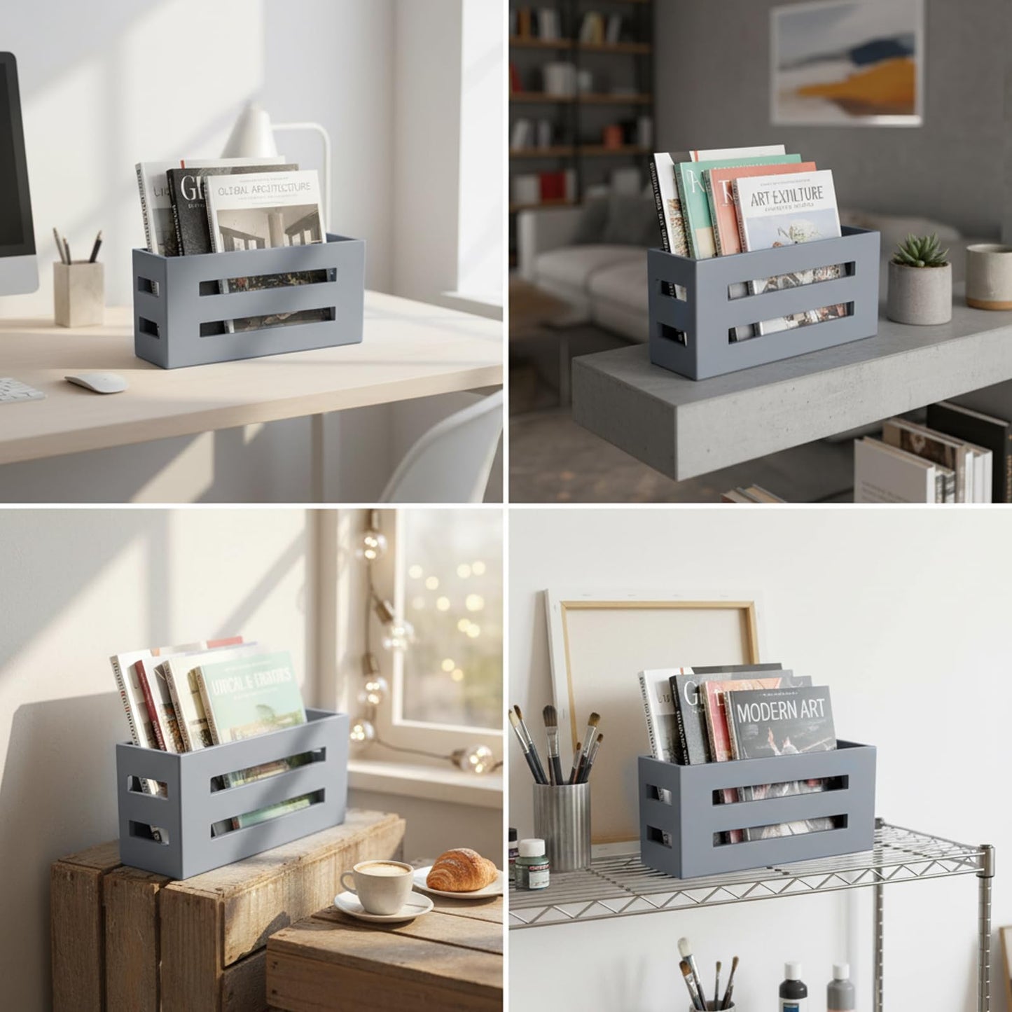 Qinpufu Magazine File Holder, Standing Wooden Magazine Rack, Desk Folder Organizer for Office & Bathroom-Gray