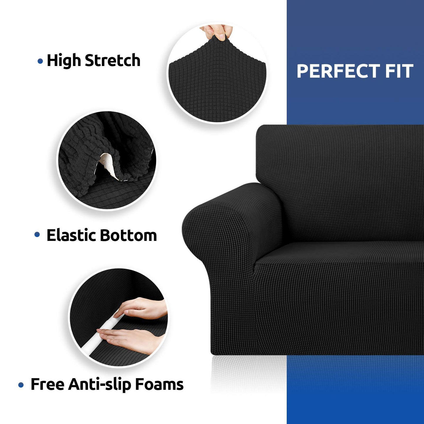 KEKUOU Stretch Sofa Cover Slipcover ，Couch Covers for 3 Cushion Couch Sofa pet Friendly (78"-94") Furniture Protector Sofa with Elastic Bottom for Kids,Dog, Jacquard Small Checked(Large,Black)