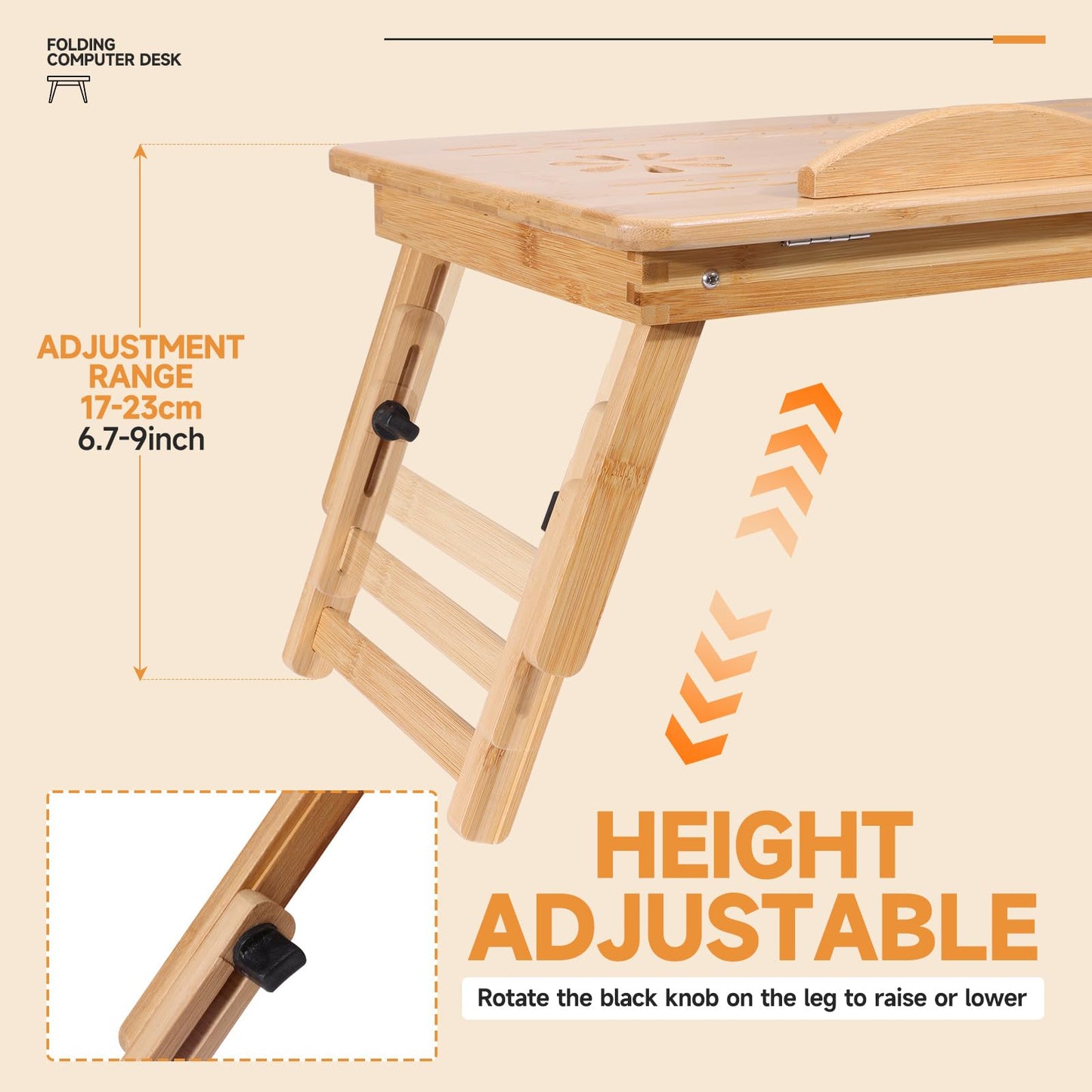JELNER Adjustable Bamboo Laptop Desk with Cooling Fan, Foldable Bed Tray for Breakfast, Writing, and Drawing, with Tilting Top and Drawer, Portable Lap Desk for Bed, Sofa, and Floor.
