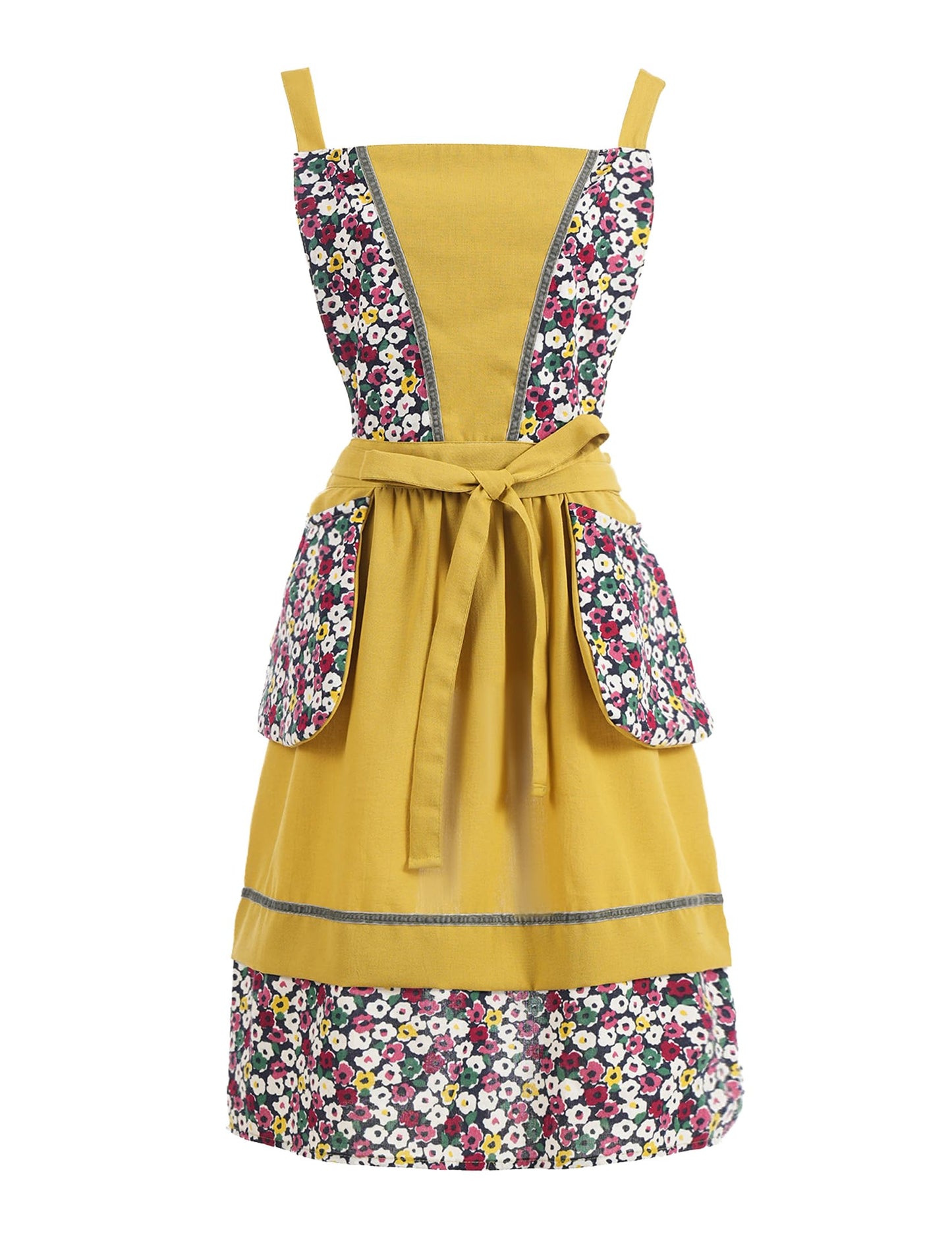 Pinknoke Kitchen Aprons for Women with Pockets Cute Floral Chef Pinafore Apron for Gardening Cooking Baking Painting (Mustard)