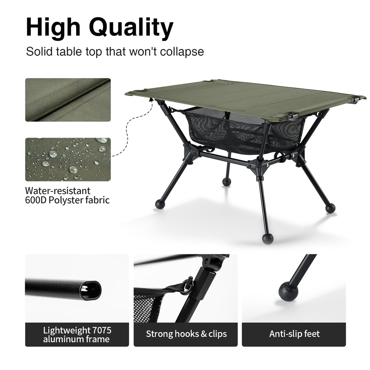 ONETIGRIS Dipper Camping Table, Lightweight Portable Folding Table with Mesh Storage Net, High/Low Options, Ideal for Camping, Hiking, Tailgating, Beach, Picnic, Travel, Backyard