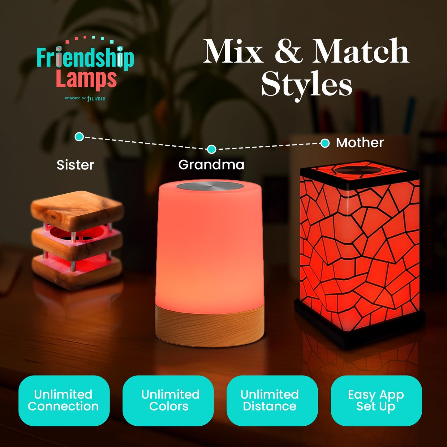 Friendship Lamp Lumi by Filimin - Best Friend WiFi Touch Lamp Real Beech Wood LED Light for Long-Distance Connection, Relationship, Friendship, Gifts, Couples, App Setup, No Subscription - Set of 2