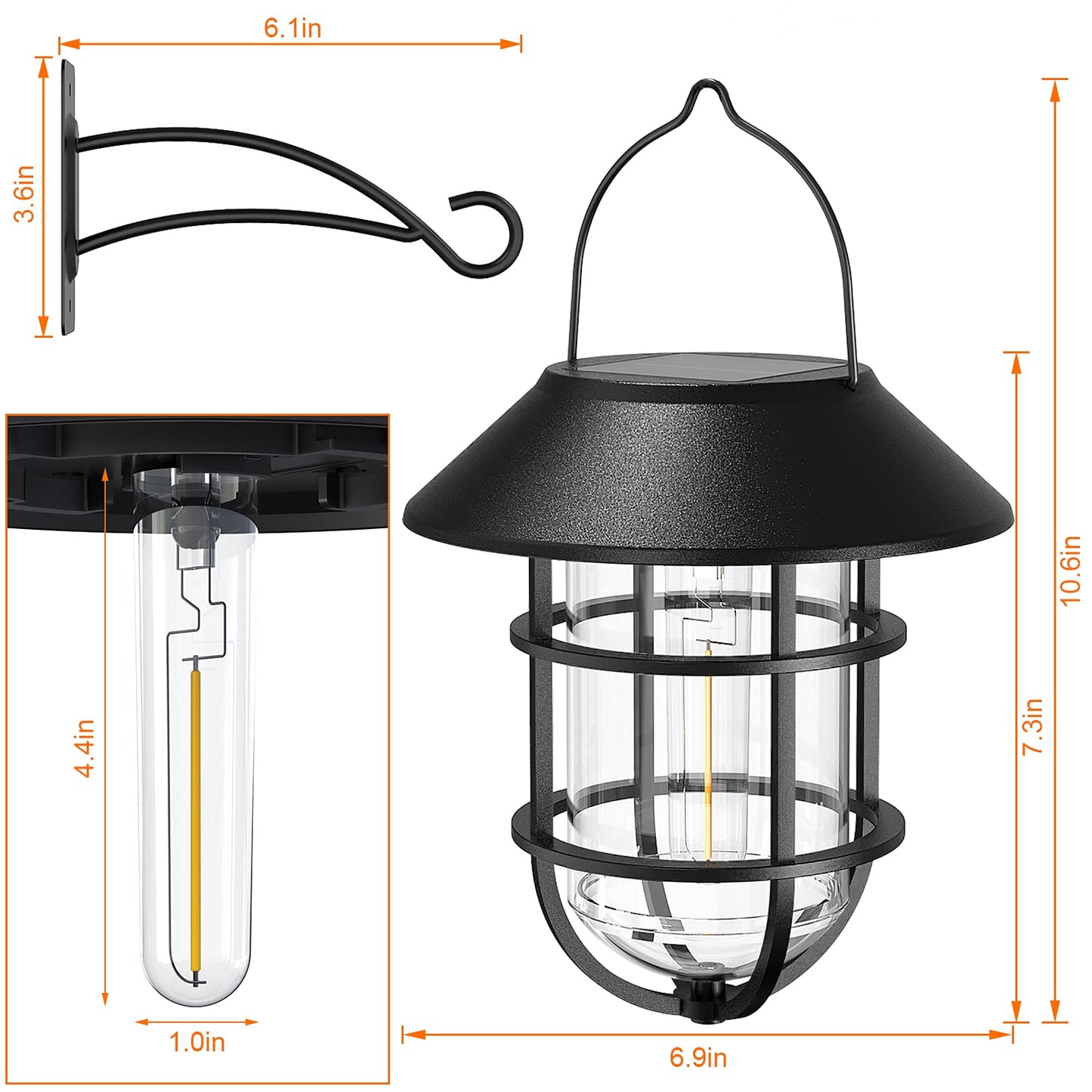 Solar Lantern Hanging Solar Lights Outdoor, Waterproof Metal Wall Lantern with Hooks, Outdoor Wall Lights for Porch, Patio Yard Garden Decor, No Wiring Required, 2 Pack