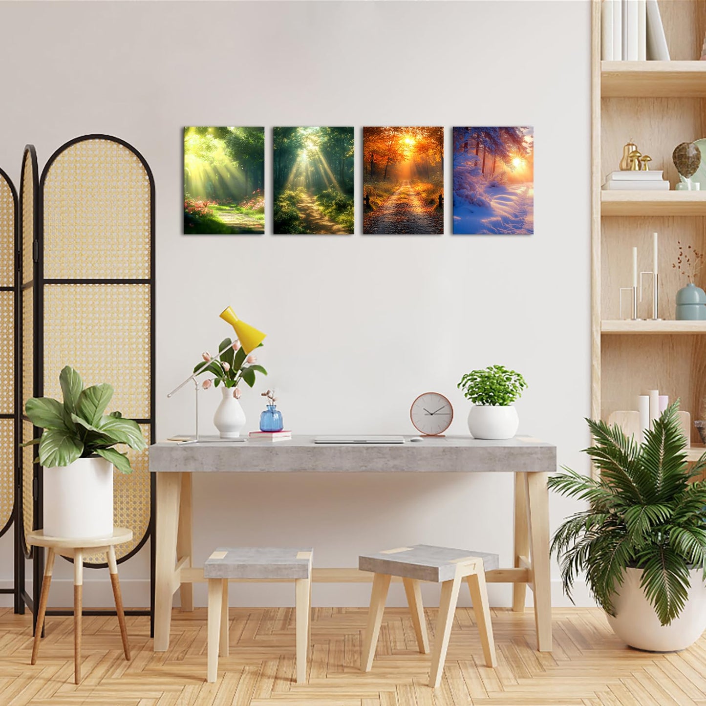 LoveHouse 4 Seasons Wall Art Spring Summer Autumn Winter Canvas Prints Forest Landscape Painting Morning Sunshine Picture For Bedroom 12"x16"x4Pcs