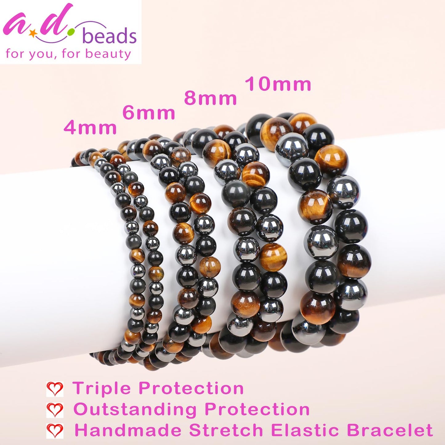 AD Beads Handmade Gemstone Stretch Elastic Bracelet Crystal Healing Reiki Nature's Beauty and Spiritual Essence Unisex (8mm, Triple Protection (Strong Protect))