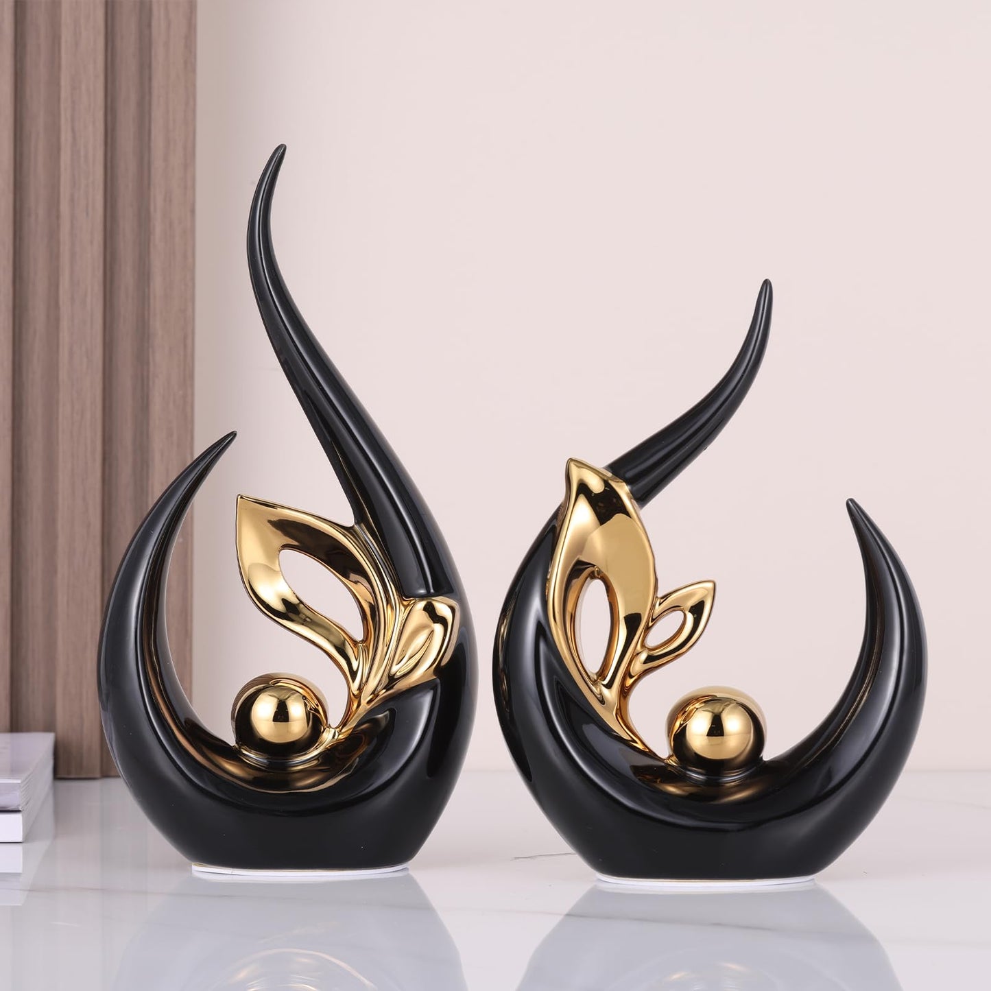 9.4" H Black Gold Abstract Sculptures Home Decor, Ceramic Art Statue Cool Stuff to Put on Shelves&tv Stand Decor, Gold Accent Entertainment Center, for Fireplace Coffee Table Dining Table Decorate