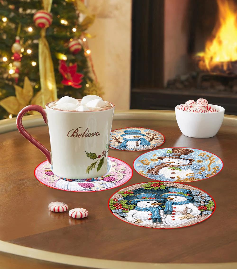 Apcufir 8 Pcs Christmas Diamond Painting Coasters Kits with Holder,DIY Snowman Diamond Art Coaster Kits for Adults & Kids,Paint with Diamonds Coasters Craft Supplies for Holiday Decor Gifts