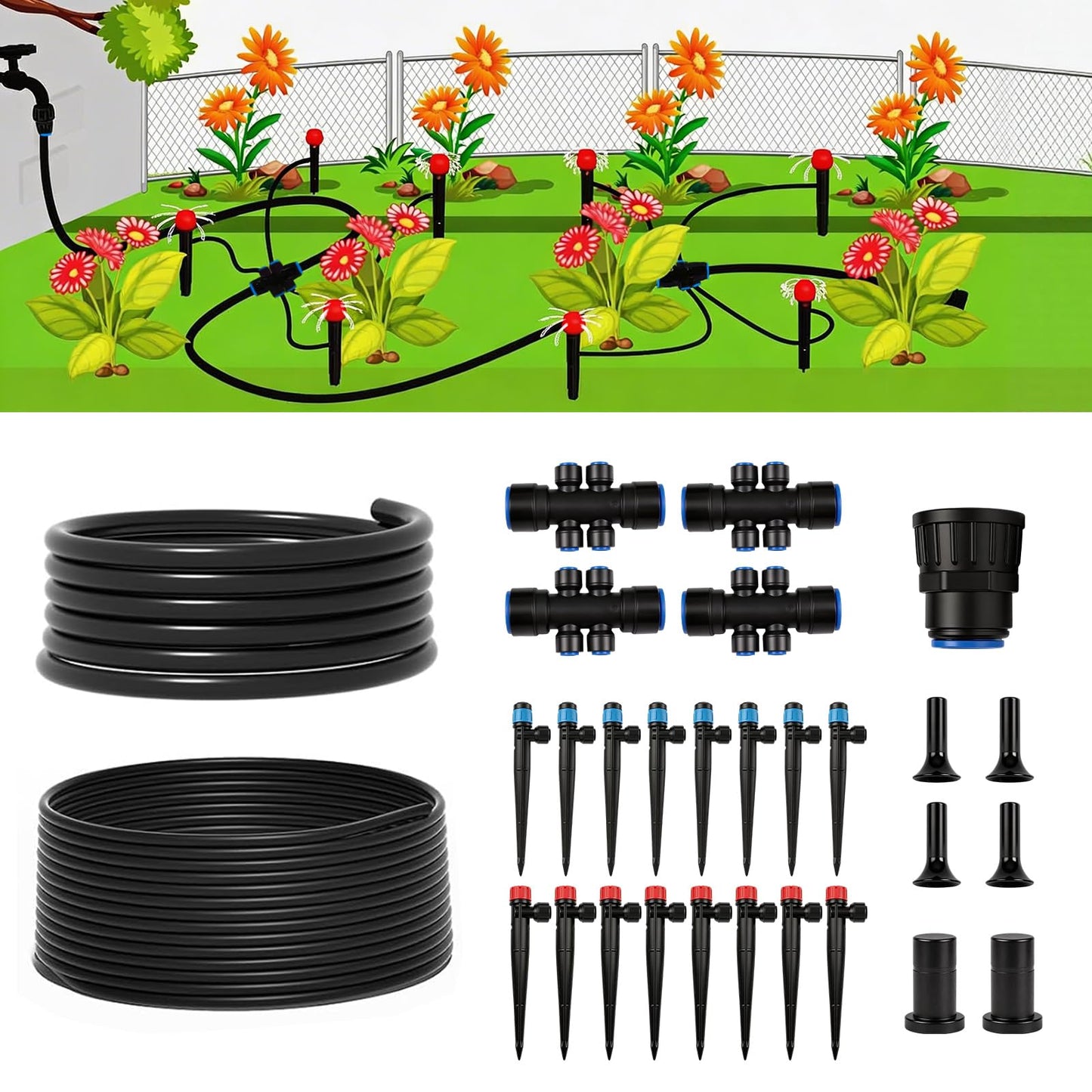 100FT Drip Irrigation System Kit, Quick Connect Garden Watering System, Easy Install Drip Irrigation Kit with 1/2" & 1/4" Tubing, Adjustable Emitters for Garden, Raised Beds, Greenhouse