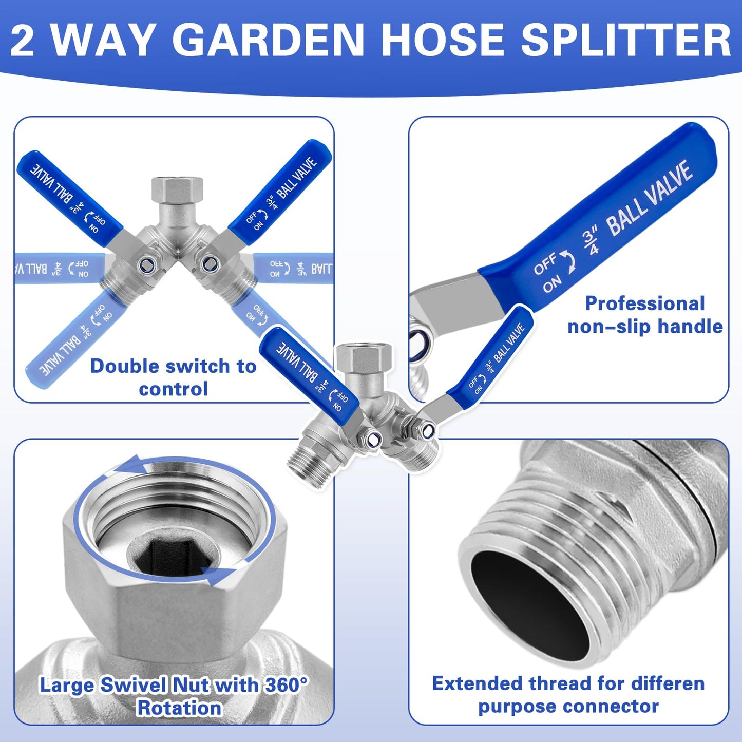 Garden Hose Splitter, 304 Stainless Steel 2 Way Hose Splitter with Long Handle, Heavy Duty Hose Y Spigot Splitter with Shutoff Valves, 3/4" GHT Thread Outdoor Faucet Splitter