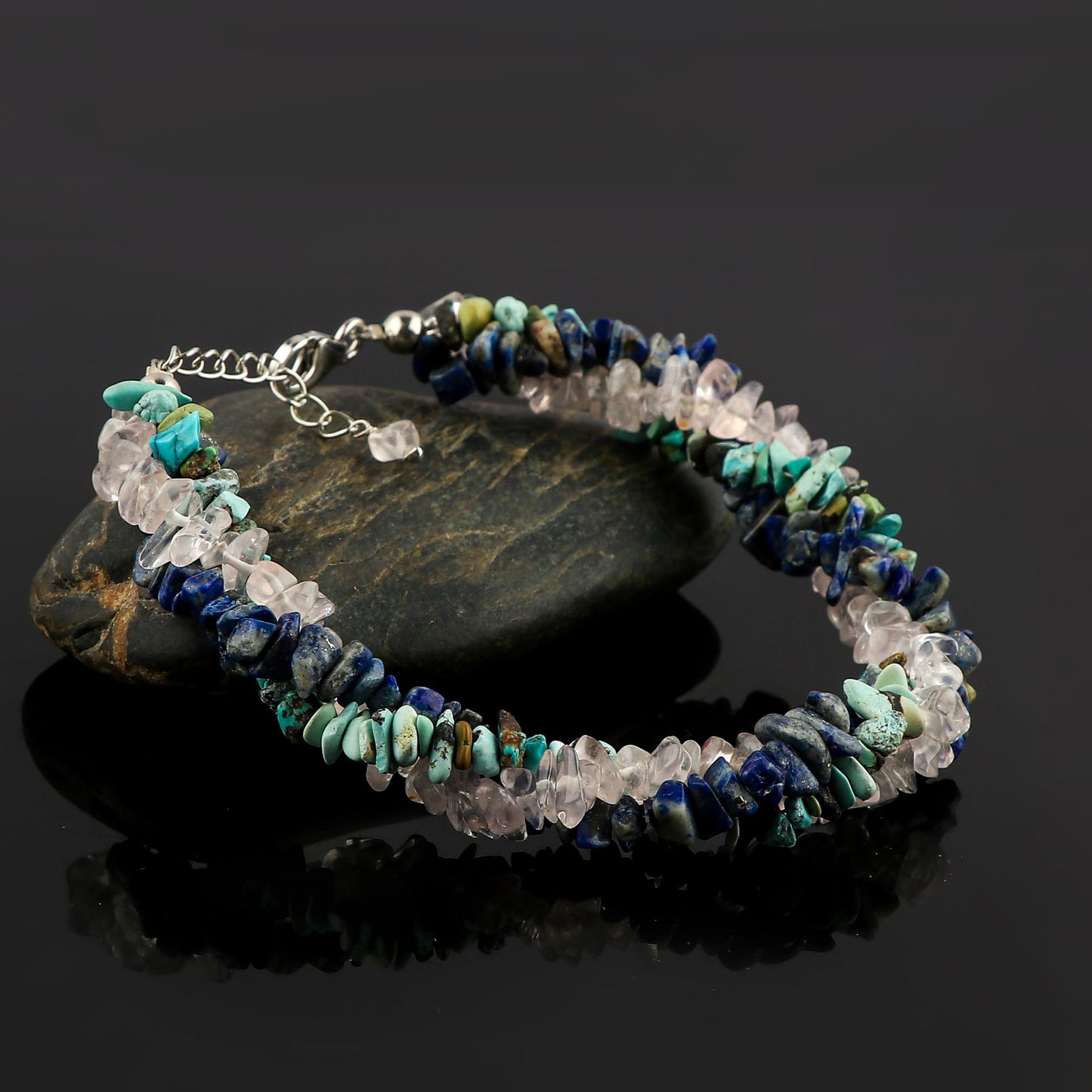 CRYSTALIS Natural Turquoise & Lapis Lazuli & Rose Quartz Beads Braided Rope Crystals Bracelet, Chips Nugget Beaded Gemstones, Chakra Healing Stones, Womens Jewelry, 925 Sterling Silver Bracelet 8 inch