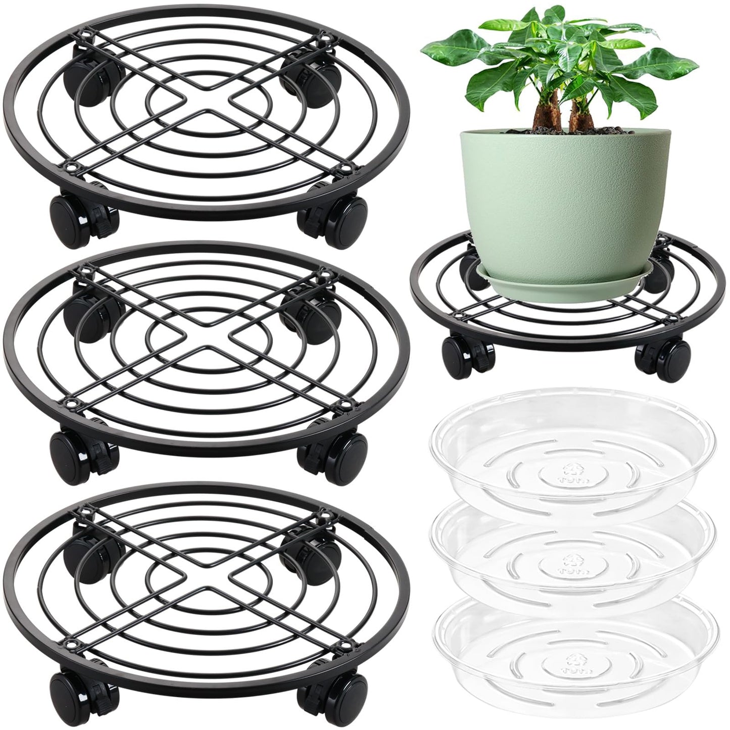 12" Metal Plant Caddy with Wheels 3 Packs Large Rolling Plant Stands Indoor Wheeled Plant Dolly Heavy-duty Planter Mover Roller Base Outdoor Plant Trolley Cart Water-proof, Plant Saucers on Wheels