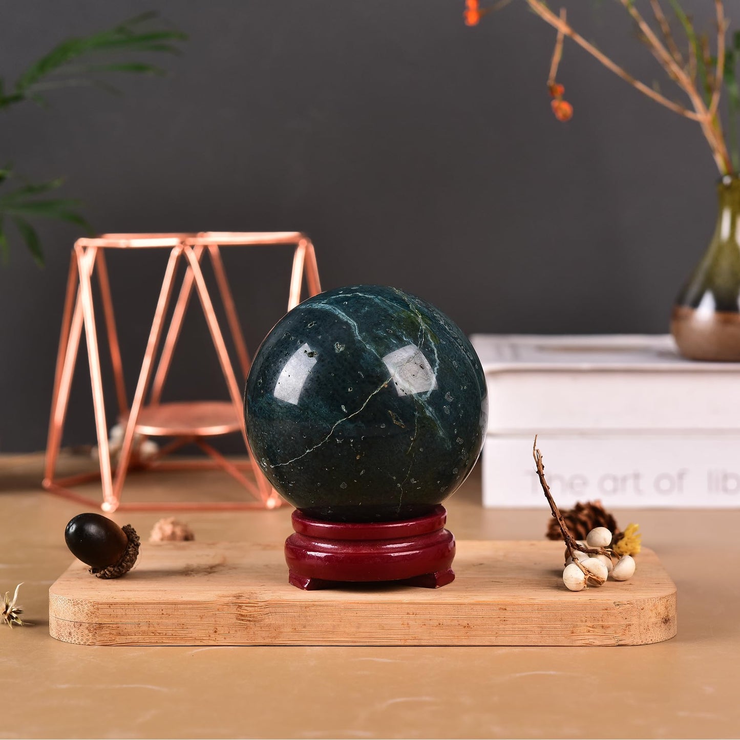 JIC Gem Natural Ocean Jasper Crystal Sphere Decorative Ball with Wooden Stand Meditation Balls for Witchcraft Reiki Healing Gift 50-60mm