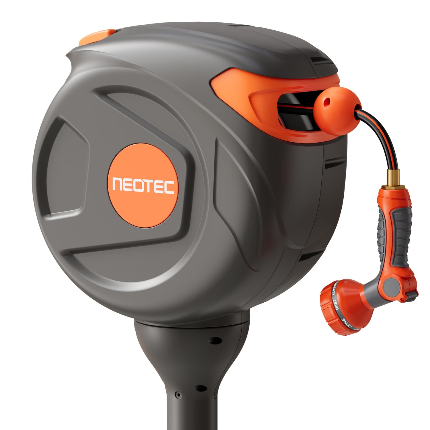 Retractable Garden Hose Reel 360° Swivel 82 ft 1/2 Inch Ground-Mounted Freestanding Water Hose Reel No-Drill Installation Any-Length Lock 20% Slow Return for Large Yard Lawn Car Washing