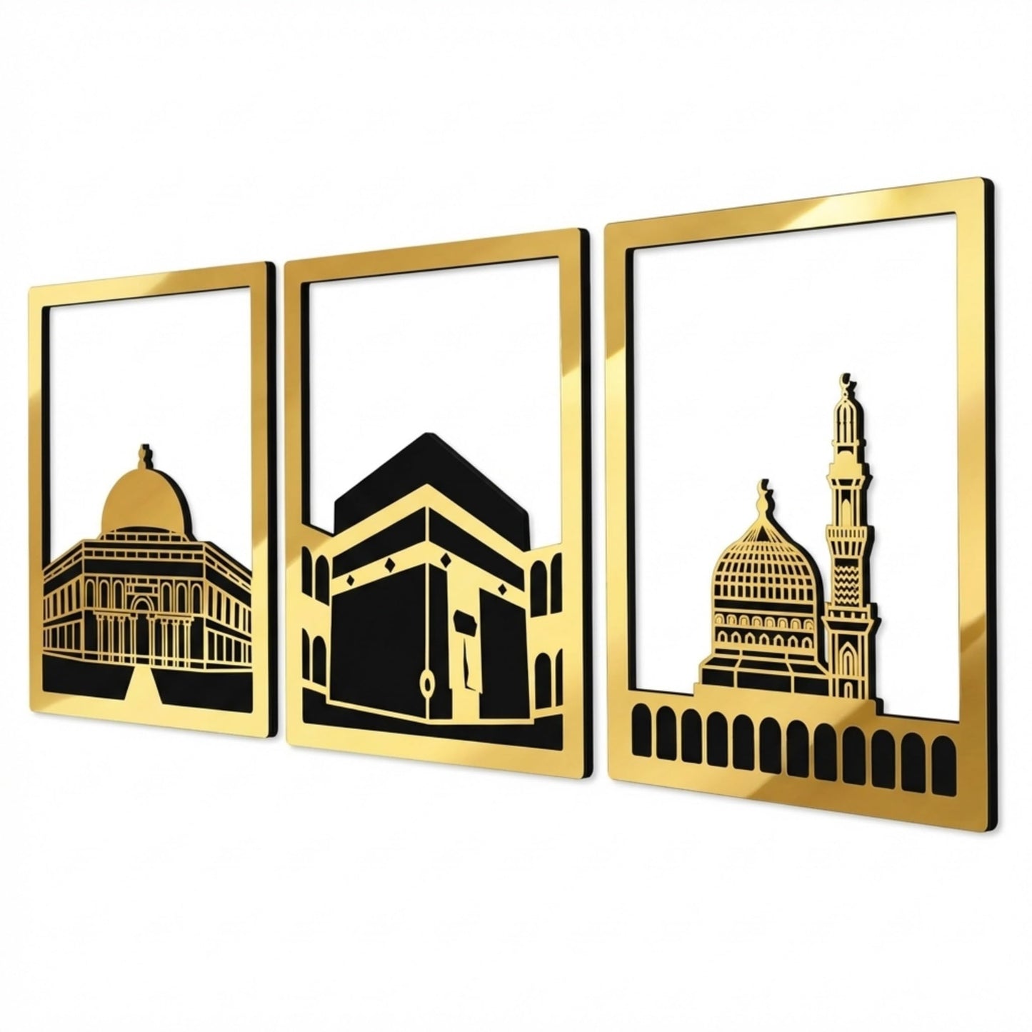 iwa concept Masjid Al Aqsa, Kaaba & Masjid An-Nabawi Islamic Wall Art, Wooden Blessed Places Islamic Wall Decor, Gift for Muslims at Ramadan Eid (Small, Gold | All Three)