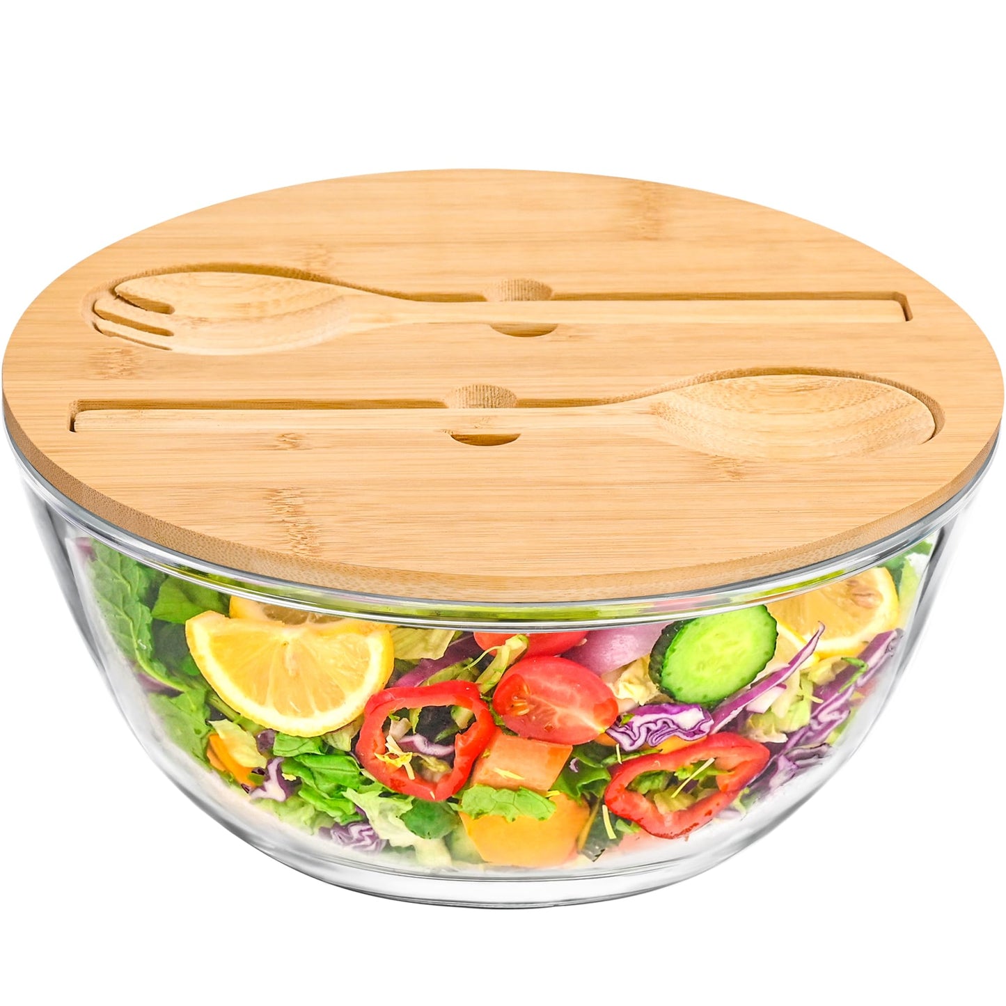 GEHE Glass Salad Bowl with Lid, 10.6Inch Large Trifle Bowl Glass Fruit Bowl, 4.7 Quart Large Capacity Serving Bowls for Salad, Pasta, Fruit, Dessert Display Cake, Microwave Safe