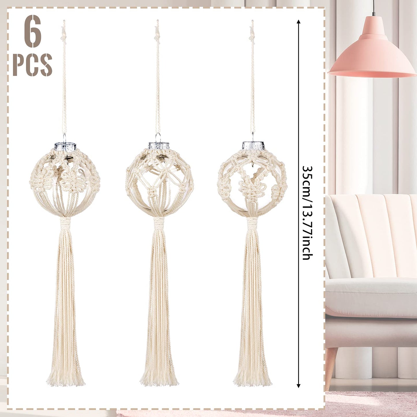 Marsui 6 Pieces Macrame Christmas Ball Ornaments Boho Wall Snowflake Woven Decorations Christmas Tree Hanging Crafts for Party Bedroom Kitchen Indoor(White)