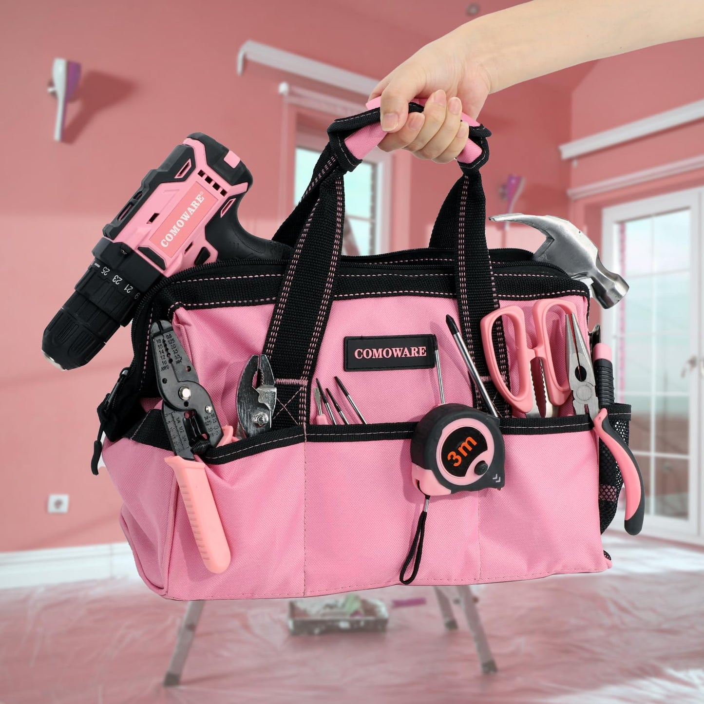 COMOWARE 13-Inch Tool Bag, Pink Soft Storage Bags with Inside Pockets, Wide Mouth Pink Tool Tote Bag