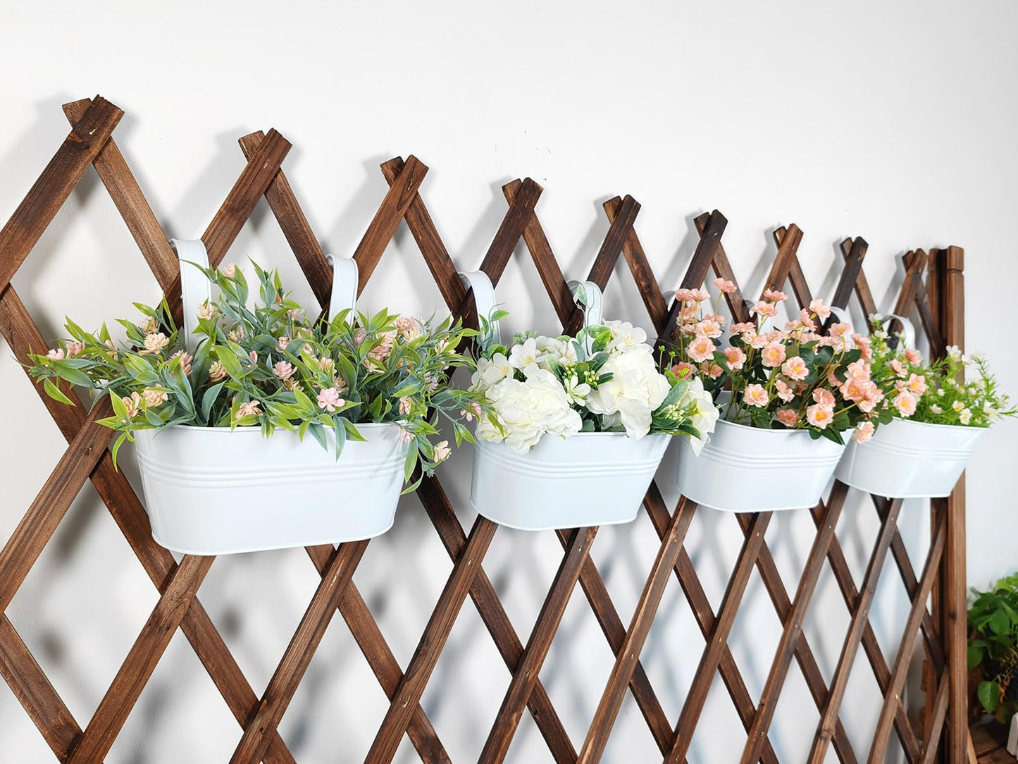 Joyfernal 10" Hanging Flower Pots, Pack of 8 White Metal Outdoor Patio Balcony Planter, Railing Planters Fence Pot with Detachable Hook & Drainage Hole for Small Plants (White, 8Pcs)