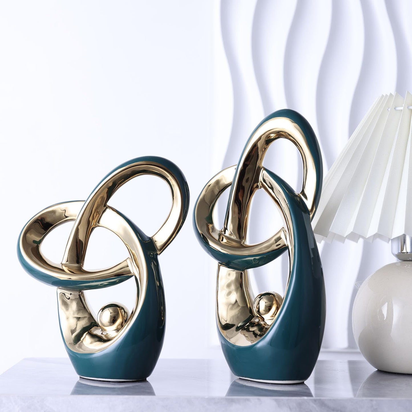 Teal Gold Modern Abstract Art Home Decor Accent,Statues Coffee Table Decor for Living Room,Table Centerpieces for Dining Room,Ceramic Sculptures and Gold Knick Knacks for TV Stand Decor (Green Gold)