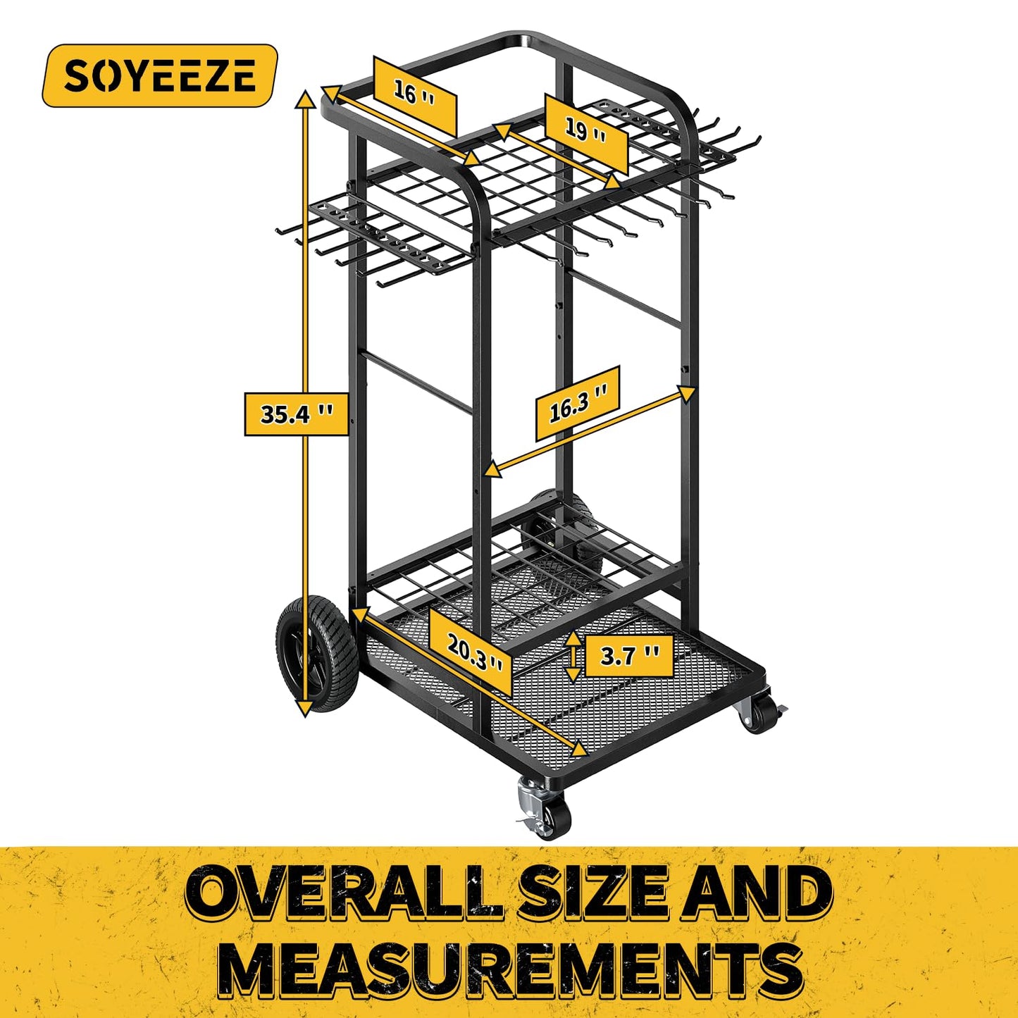 SOYEEZE Garden Tool Organizer with Large Wheels, Heavy Duty 3-Tier Yard Tower Tool Rack for Garage, Holds Up to 35 Long-Handled Tools, Garden Tool Cart with 12 Hooks for Tool Organization Storage