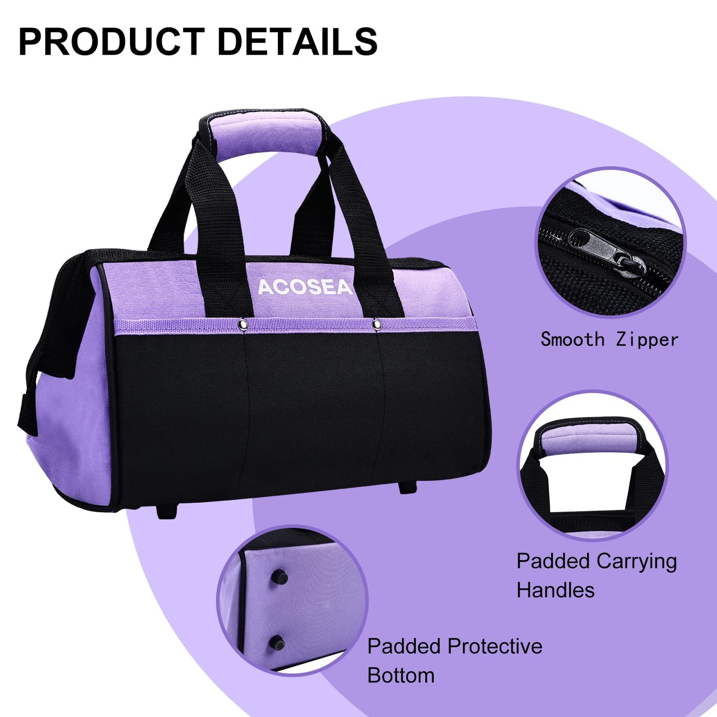 ACOSEA Purple Tool Bag,13 Inch Wide Mouth Open Tool Organizer with 12 Storage Pockets (Purple)