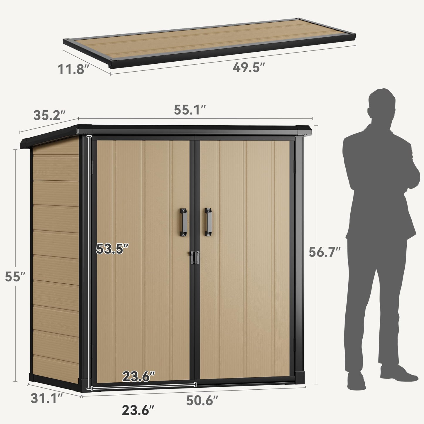 DWVO 54 cuft Outdoor Storage Shed with 2 Shelves, 4.2x2.6x5ft Vertical Tool Shed with Floor & Lockable Doors, Sturdy Double-Wall Plastic Cabinet for Garbage Cans and Garden Equipment (Brown)