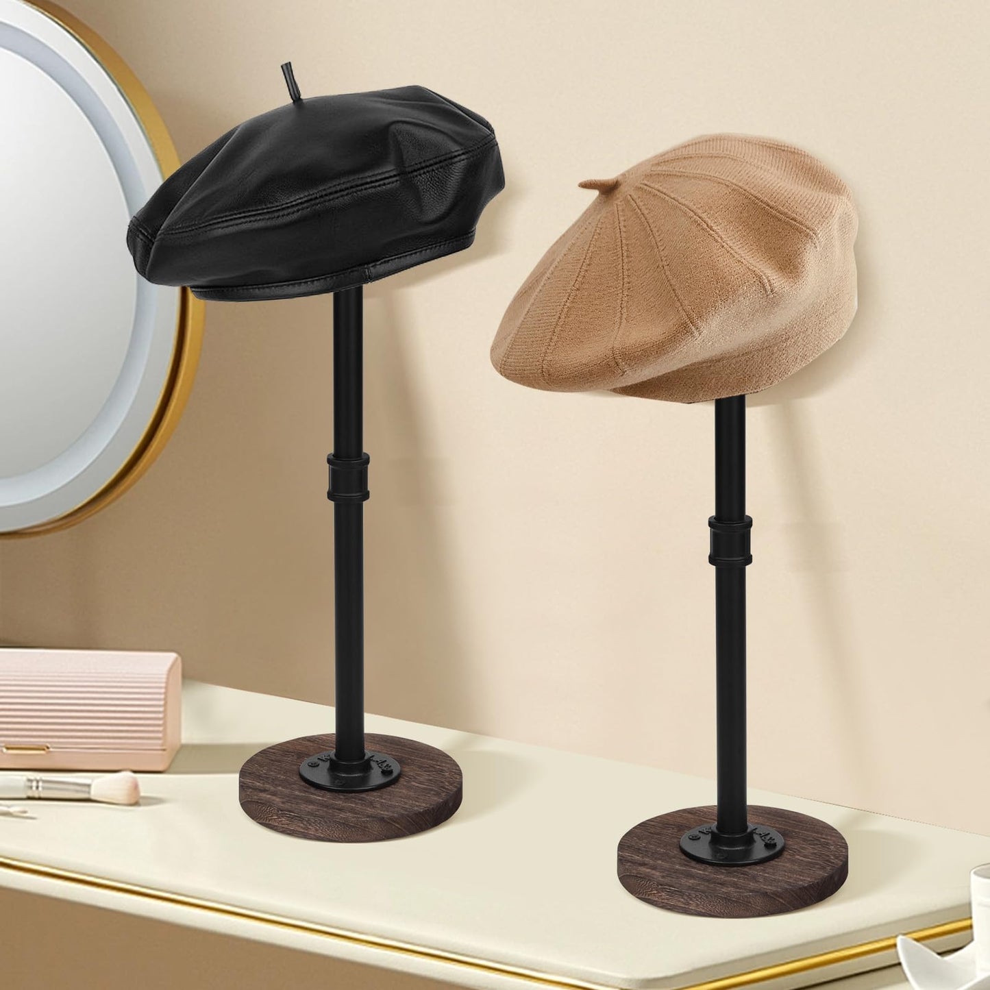 Vrietina 2 Pcs Tabletop Hat Stand Cap with Height Adjustment, Industrial Metal Pipe Rustic Burnt Wood Hat Rack, Wig Rack or Jewelry Display Riser