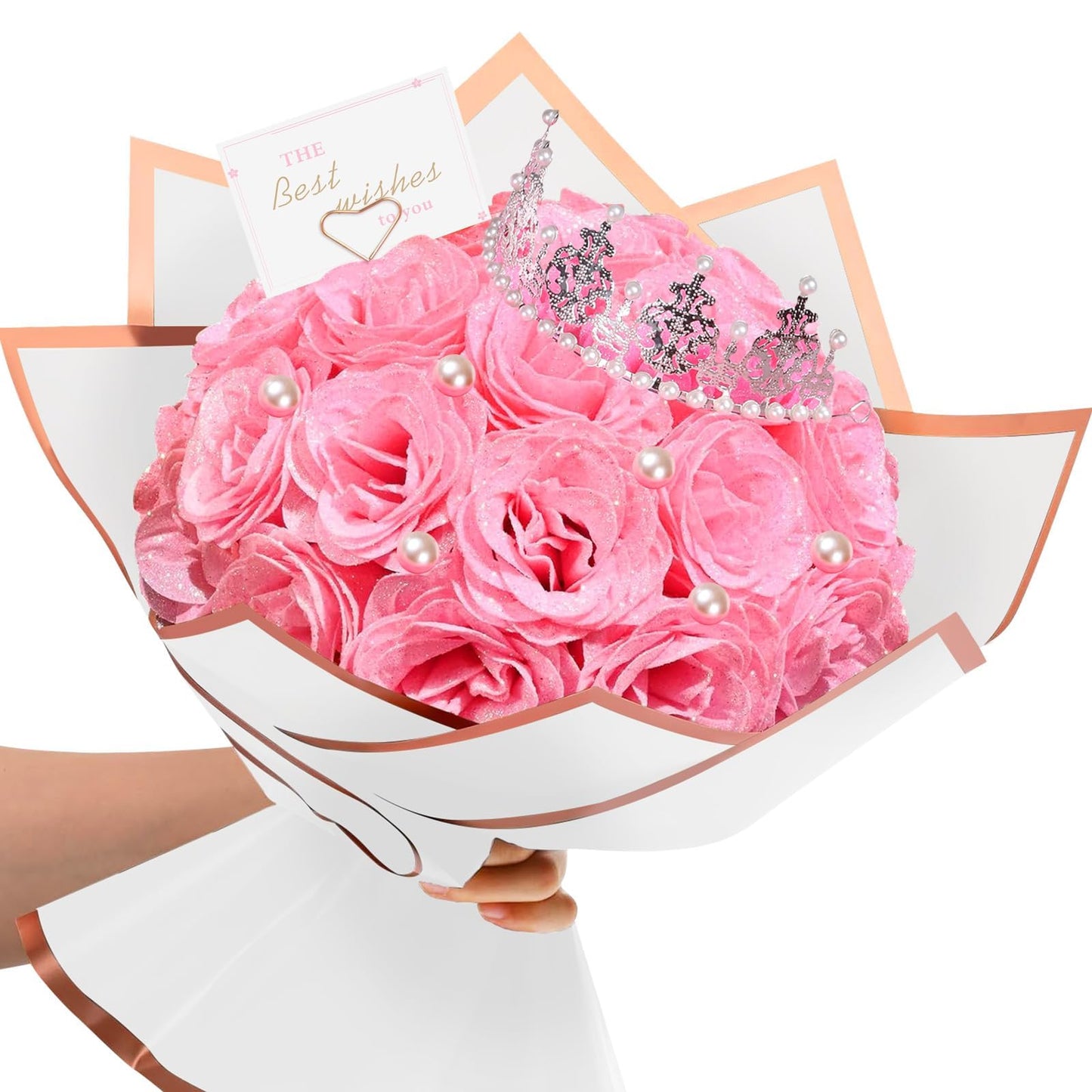 TLY Glitter Roses Bouquet,24 Pcs Pink Flower Bouquet,Birthday Gifts for Women,DIY Artificial Flowers for Mom Grandma Wife Girlfriend Mother's Day Graduation Anniversary Engagement Wedding