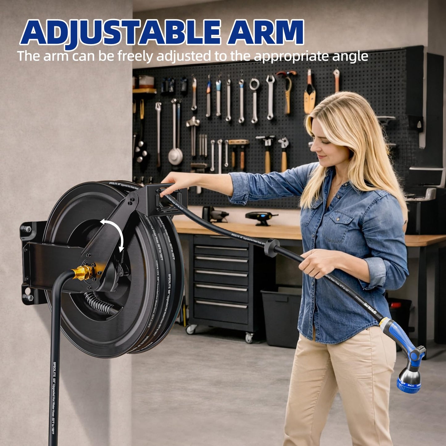 SPECILITE Hot/Cold Retractable Garden Hose Reel 50ft x 5/8'', -50℉ - 190 ℉, Wall Mount Water Pipe Spool, Heavy Duty, with 6ft Leader Hose, 8 Function Nozzle, for Backyard, Outdoor, Farm, Boat, Black