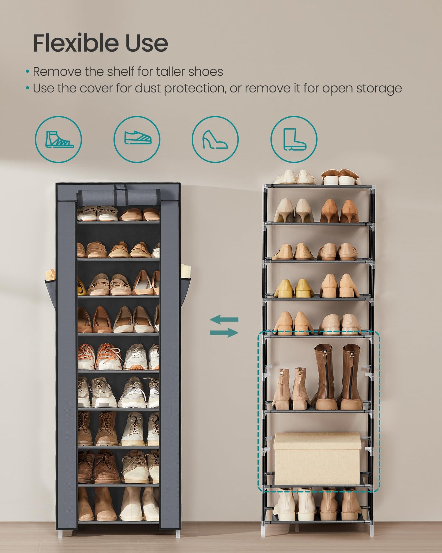 SONGMICS 10-Tier Shoe Rack, Shoe Storage Cabinet with Dustproof Cover, Free-Standing Storage Organizer for Closet, Entryway, Hold 20 Pairs of Shoes, for Sneakers, High Heels, Gray URXJ034GN02