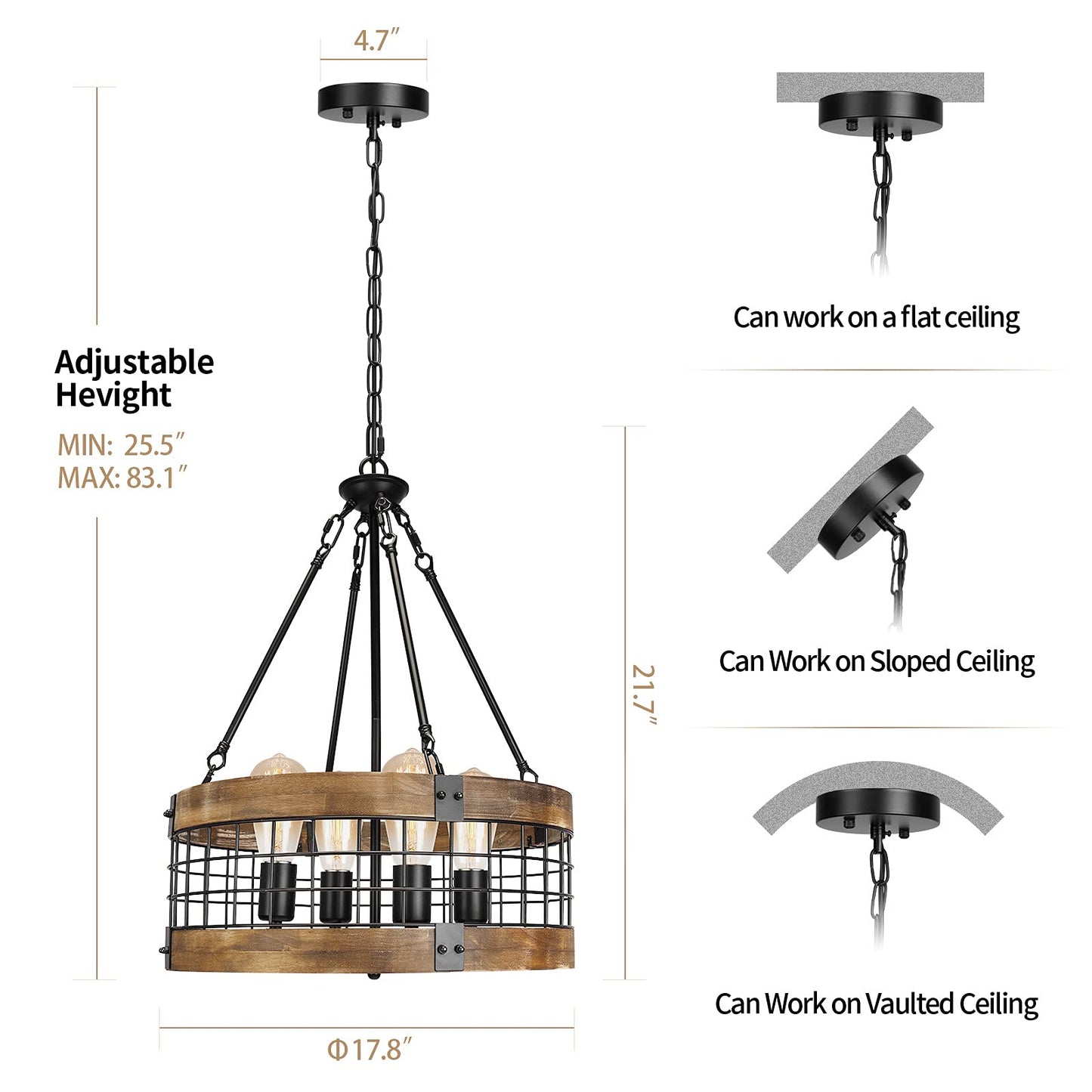 4-Light Rustic Chandelier for Entryway, Round Farmhouse Light Fixtures for Dining Room, Industrial Drum Hanging Pendant Lighting for Kitchen Island, Nature Wood Texture and Black Metal Finish