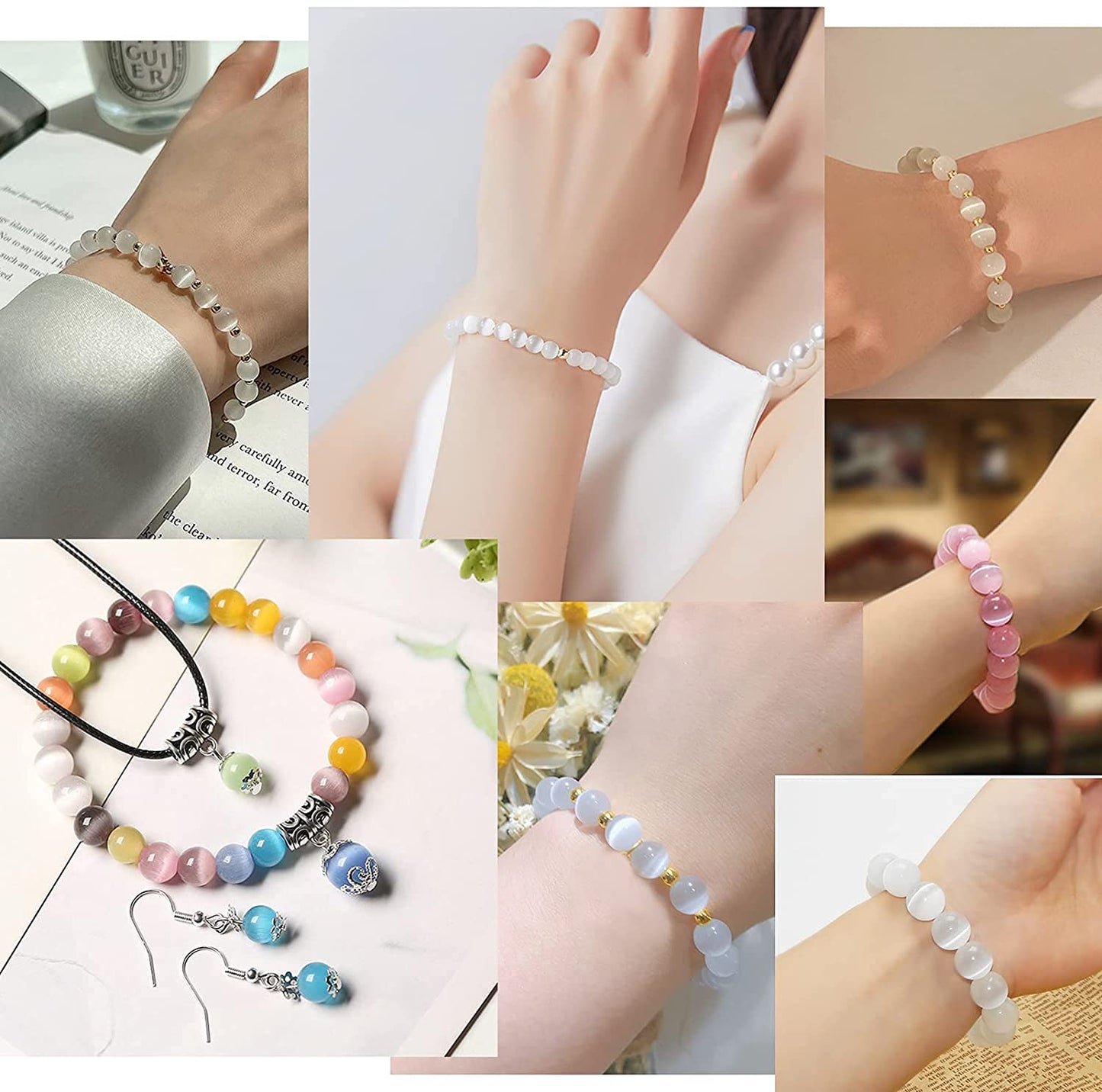 HAAMIIQII 8mm Light Blue Cat Eye Glass Round Crystal Stone Loose Gemstone Beads for Jewelry Making Bracelets Necklaces Earrings Crafts (45-50pcs)