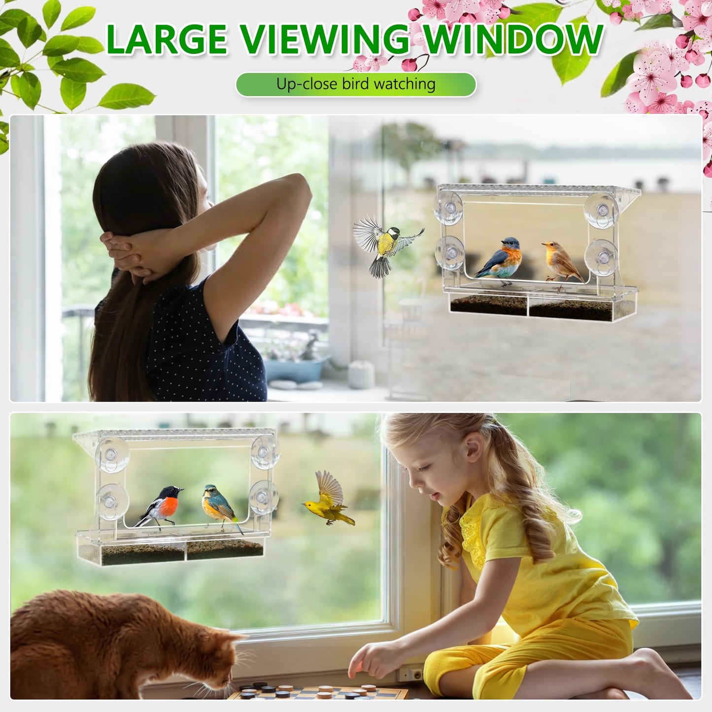 Gbekery Window Bird Feeder for Outdoors with Strong Suction Cups, Acrylic Clear Window Bird Feeders for Viewing with Large Capacity Detachable Seed & Water Tray