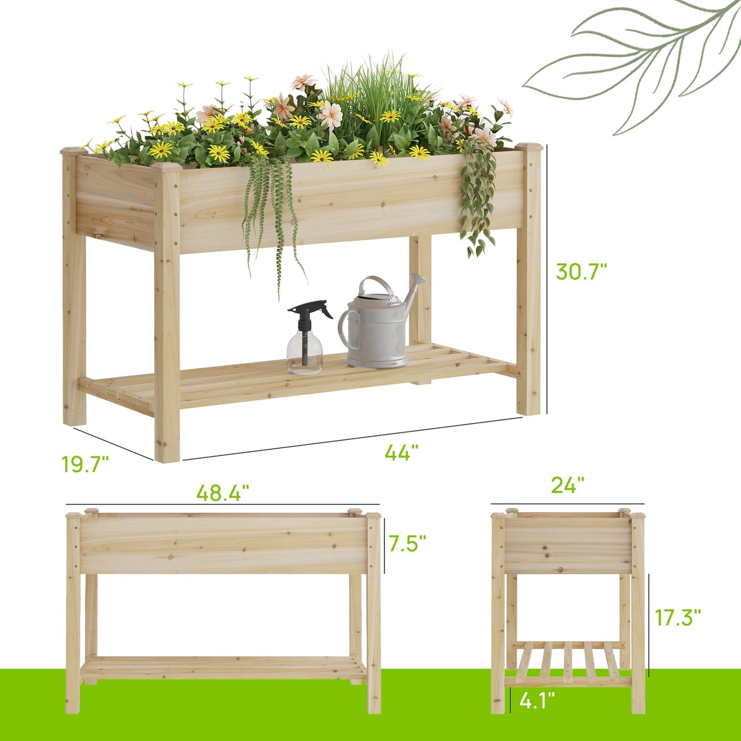 Raised Garden Bed with Legs, Wooden Planter Box with Storage Shelf, Elevated Wood Planter Box for Vegetables Flowers Herbs, Garden Planter for Backyard, Patio, Balcony, 48x24x30.7inch (Natural, M)