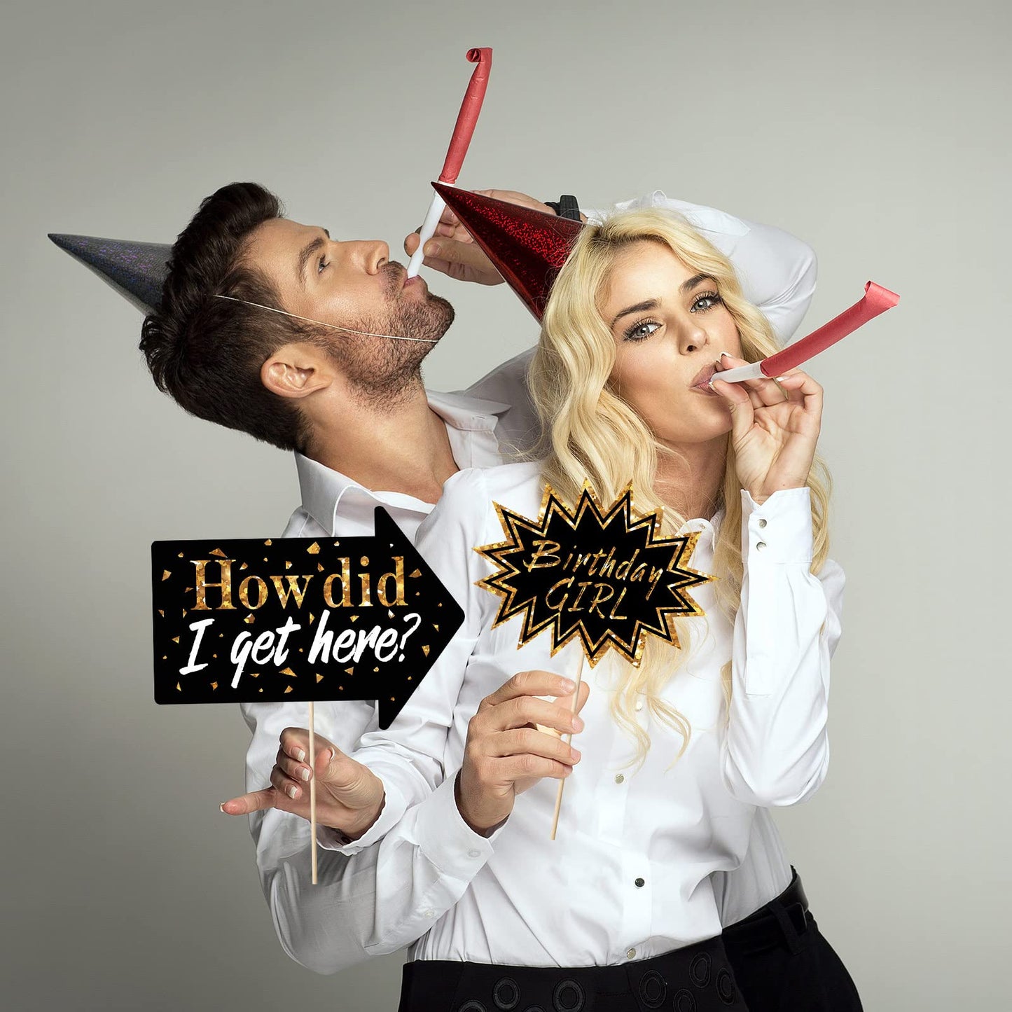 Outus 24 Pieces Photo Booth Props Birthday with Stick Happy Birthday Weddings Graduation Prom Bday Wedding New Year Party Supplies Funny Photo Booth Pose Signs Selfie for Men Women(White, Gold)