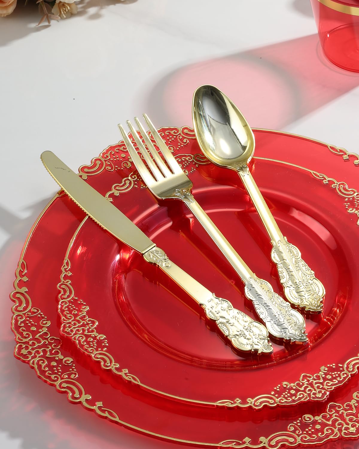 Goodluck 350 Piece Red Dinnerware Set for 50 Guests, Fancy Disposable Plates, Include: 100 Gold Rim Plastic Plates, 150 Silverwares, 50 Pre Rolled Napkins, 50 Cups for Party, Wedding