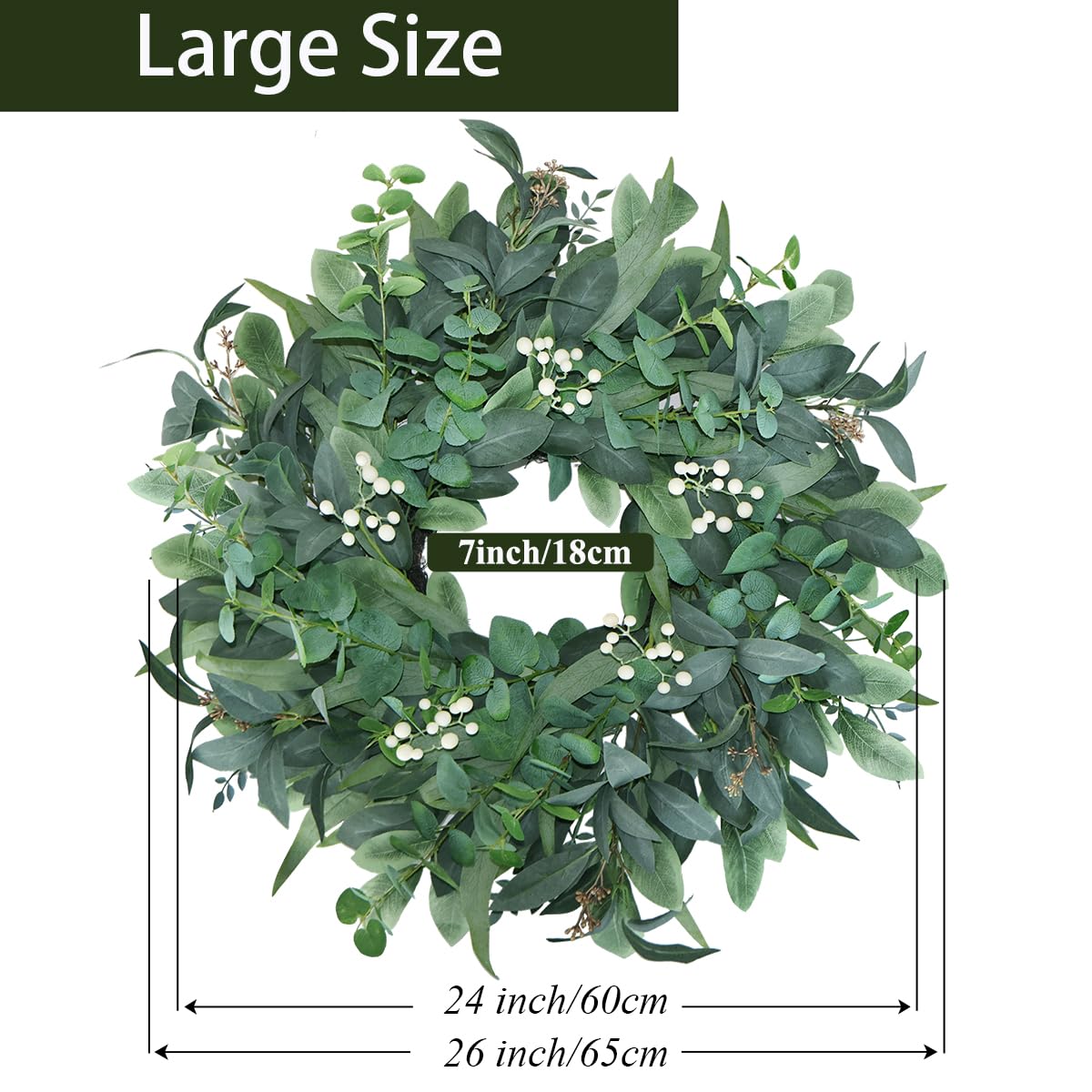 BINFEN 24"-26“ Green Eucalyptus Wreaths for Front Door with White Berries – Lifelike Spring, Summer, and Winter Wreath for Farmhouse Front Porch, Window, Door Decor