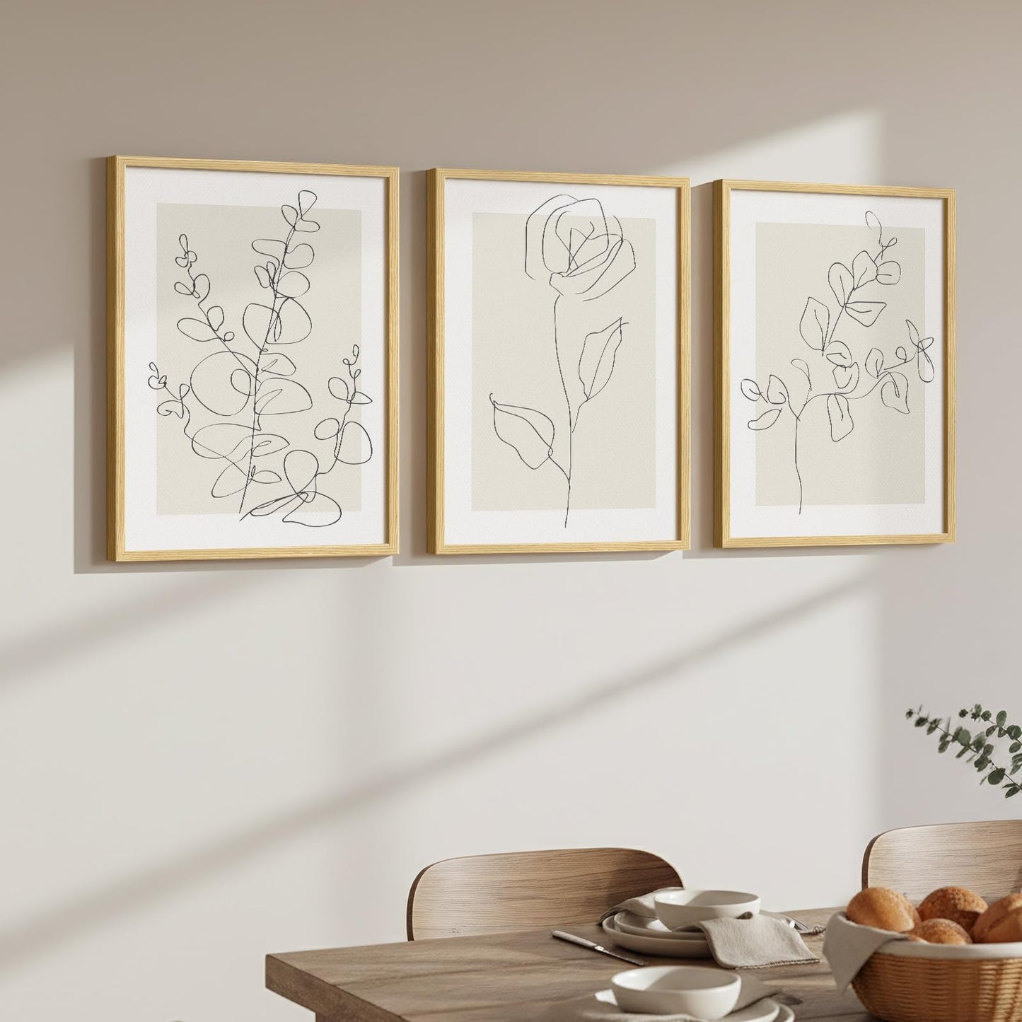 Framed Floral Art Bedroom Wall Art, 3 Piece Neutral Botanical Line Artwork for Walls, Minimalist Flower Leaf Picture Prints, Beige Botanical Painting for Living Room Kitchen Hallway Office, 12x16 Inch
