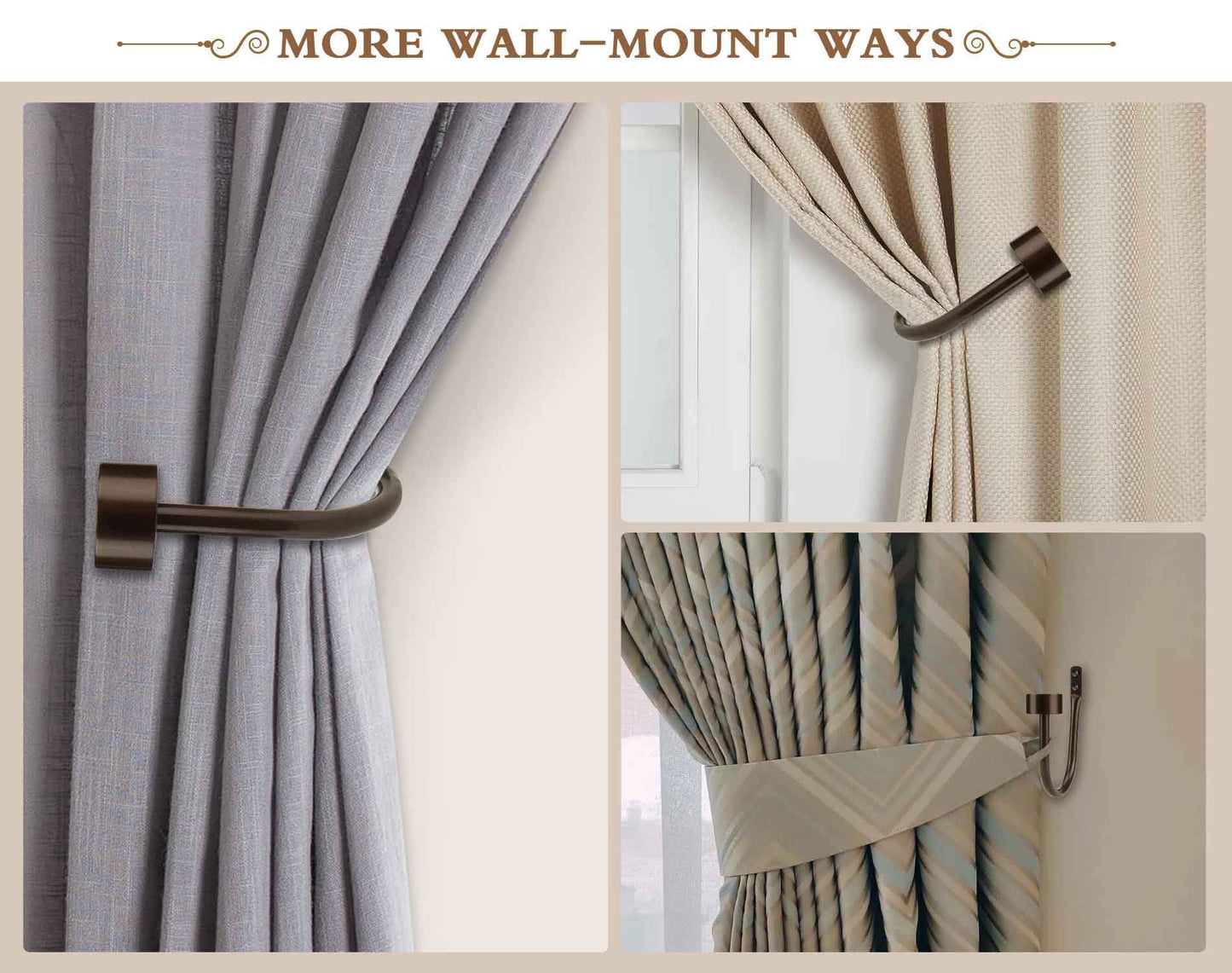 KAMANINA Curtain Holdbacks for Wall, Bronze Curtain Tiebacks Wall Mounted, Curtain Hooks Holders for Drapes, Modern Cap Finials (2 Pack)