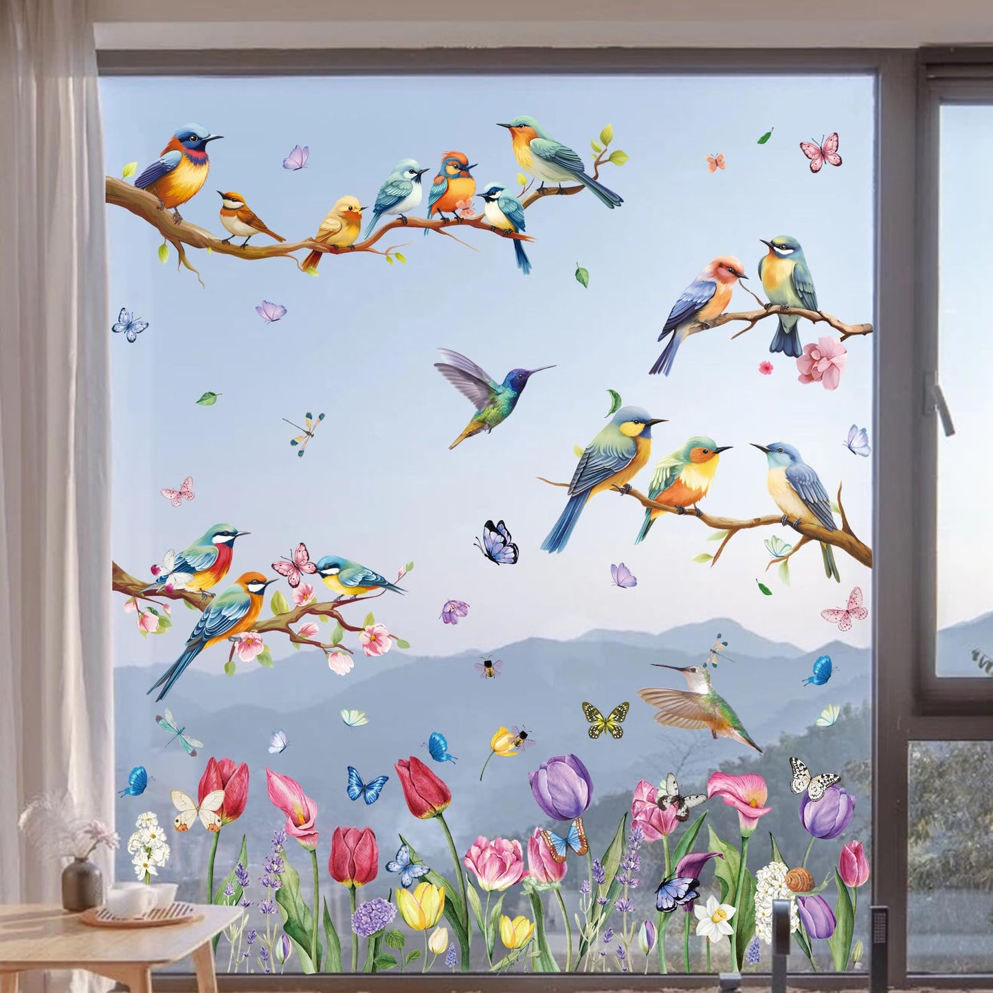 Hianjoo 9 Sheets 76 PCS Tulip Window Clings with Bird Branch Butterfly Double Sided Reusable Spring Holiday Decorations for Room Office