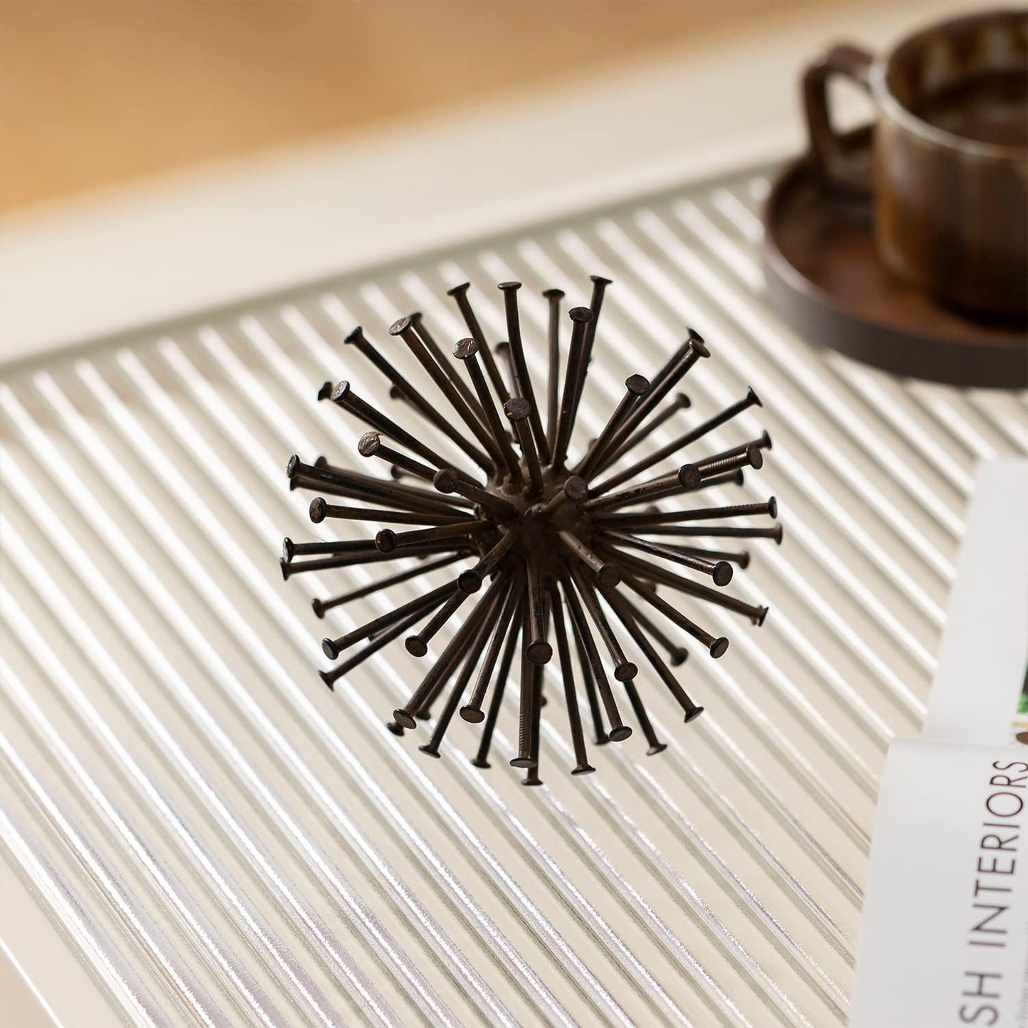TICKCACY Metal Starburst Sculpture, Spike Tabletop Decorative Sphere, Small Abstract Geometric Urchin Decor Ball, Rusty Iron Table Top Decoration Orb for Home Living Room Bedroom Office Shelf