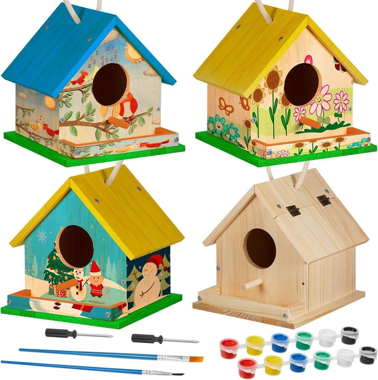 Liliful 2 Sets Wooden DIY Birdhouse Kit, Unfinished Bird Houses with Paints and Paintbrushes, Bird Feeder Craft Arts for Kids Ages 4-8, 8-12, Classroom Activity and Adults Wooden Craft Gifts