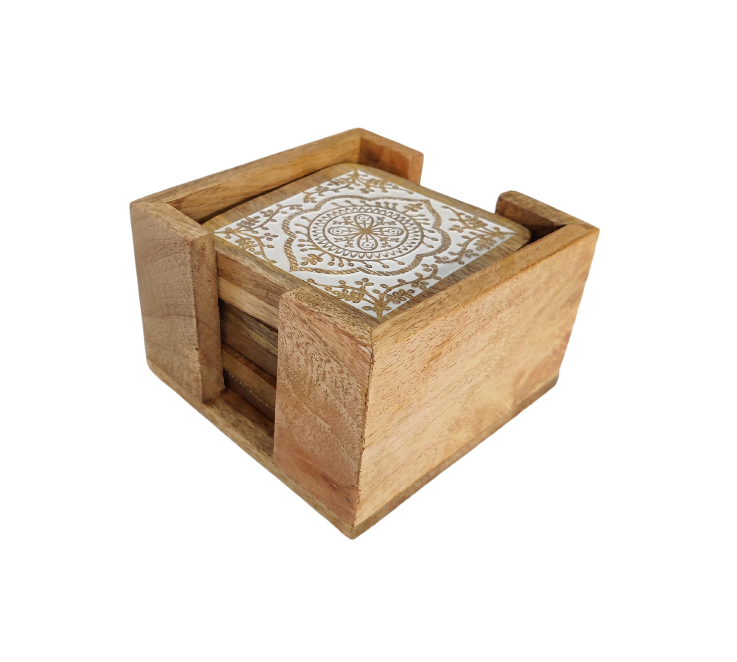 VANIYA CRAFTS® Handmade Wooden Coasters for Drinks with Holder for Coffee Table, Hot Drinks, Beverages, Housewarming Gift (Natural White Finish) (Natural White)