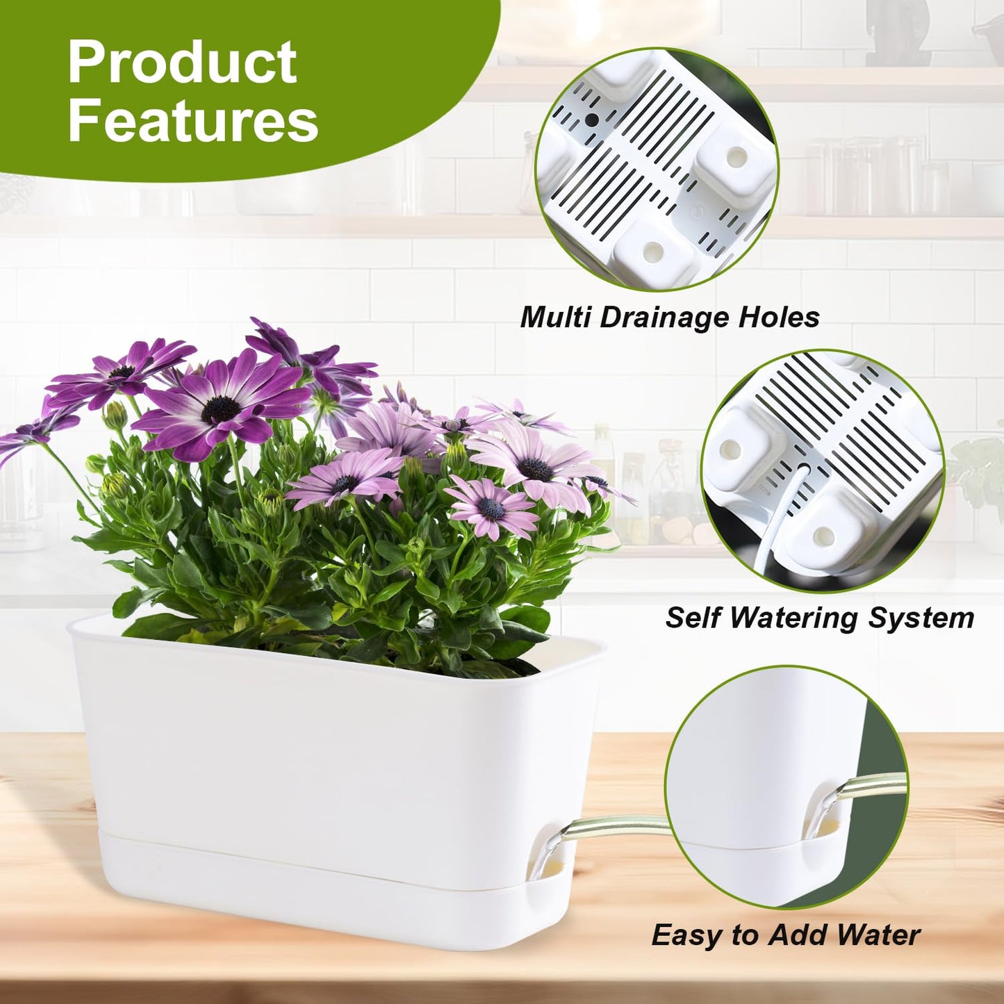 Oliz Self Watering Planters: 2 Packs Rectangular Plant Pots with with Drainage and Tray, 10 Inch Window Pot Self Watering Planter for Herb, Houseplants