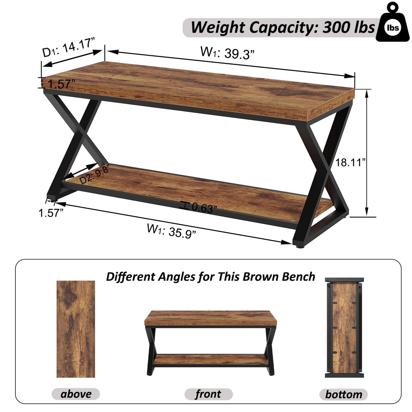 IBF Wooden Bench Indoor, Wood Entry Way Bench with Shoe Storage Rack for Entryway, Industrial Entryway Bench Seat for Foyer Bedroom Living Room Entrance Organization, Rustic Brown Oak, 39 Inch Long