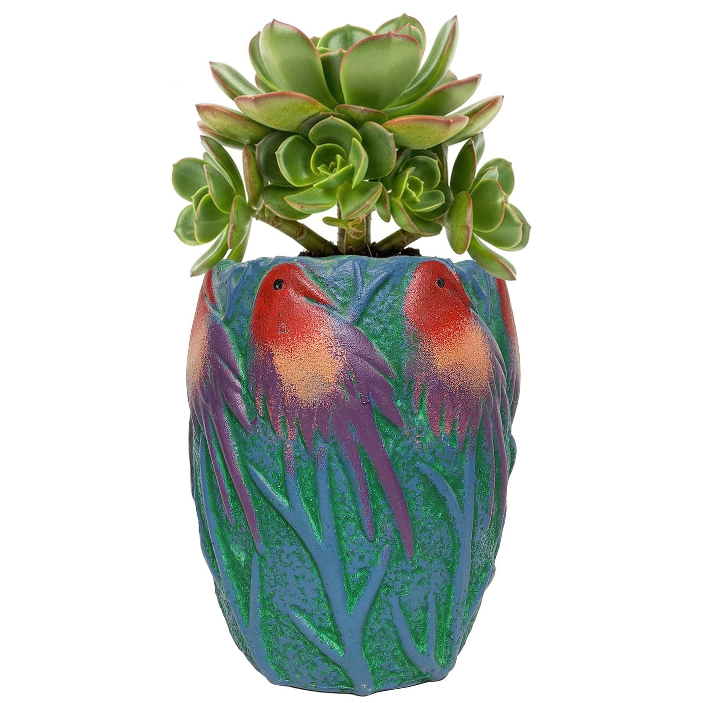Yuccasly 6.2" H Ceramic Flowerpot with Bird Pattern, Green Glazed Oval Planter, Boho Indoor Outdoor Succulent Container with Drainage Hole