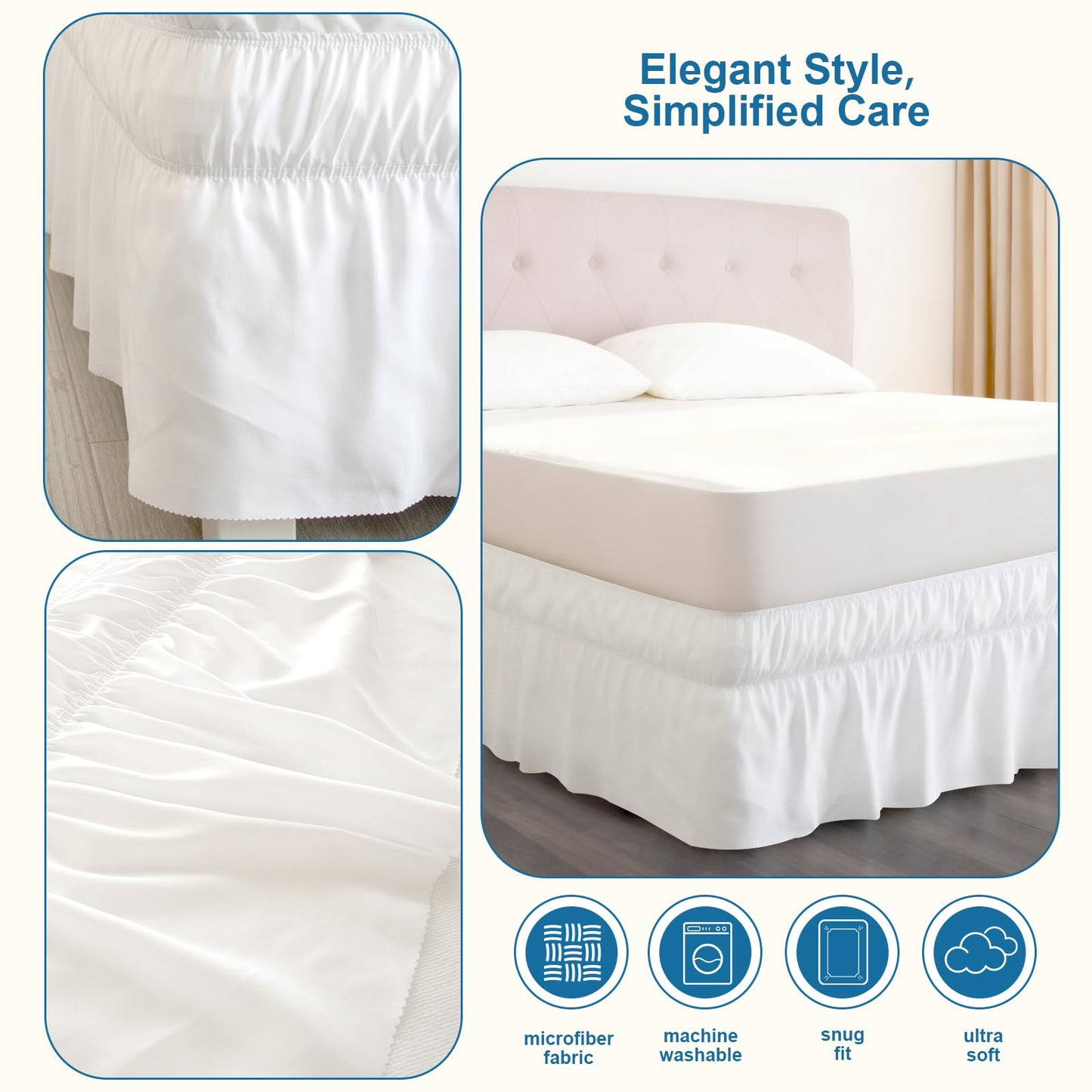 SPRINGSPIRIT Queen Bed Skirt with Elastic Strap, Ruffle Bed Skirting with 16 inch Drop, Wrinkele Free, Machine Washable, Hotel Quality, White